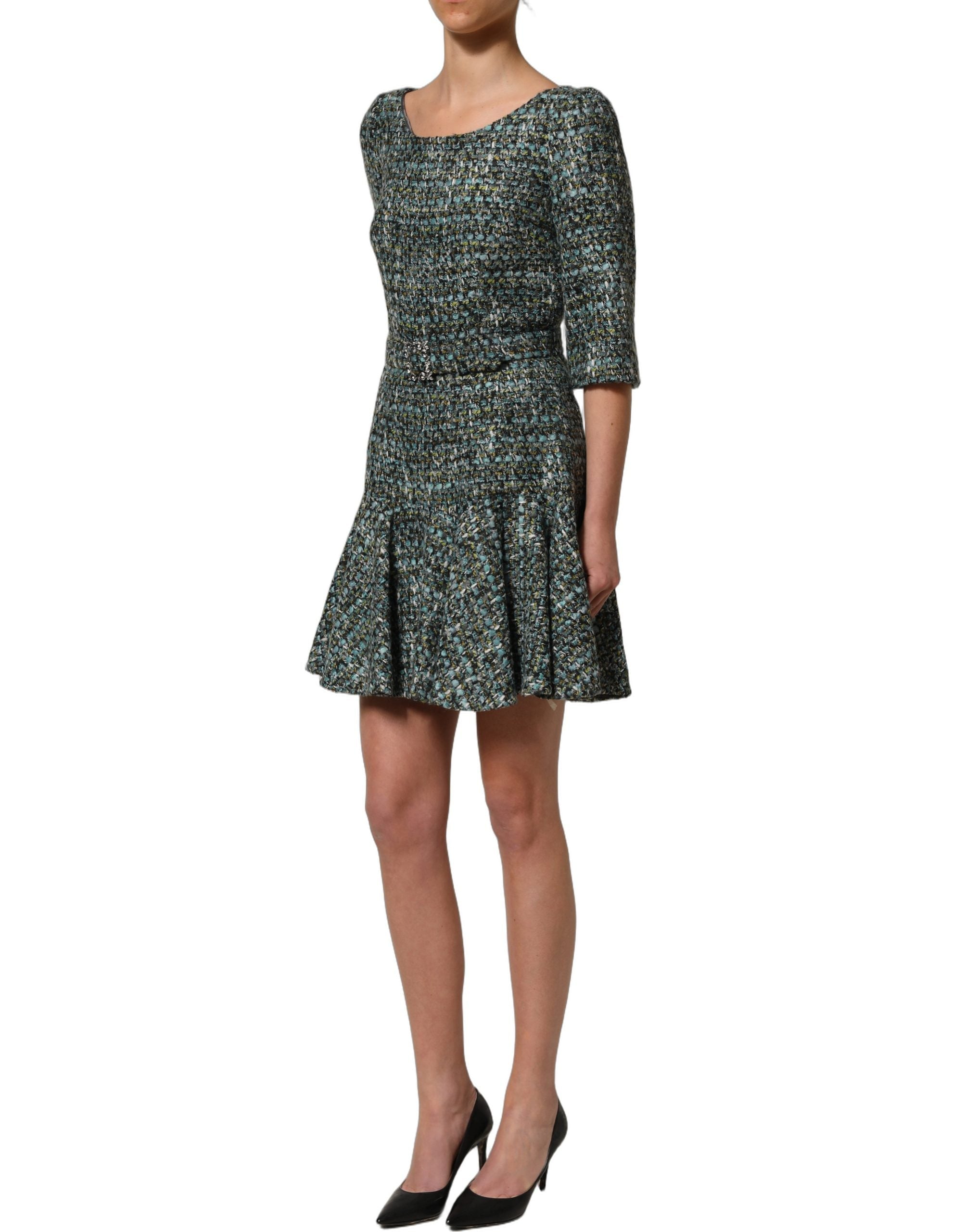 Dolce & Gabbana Multicolor Tweed Belted Babydoll Mini Dress