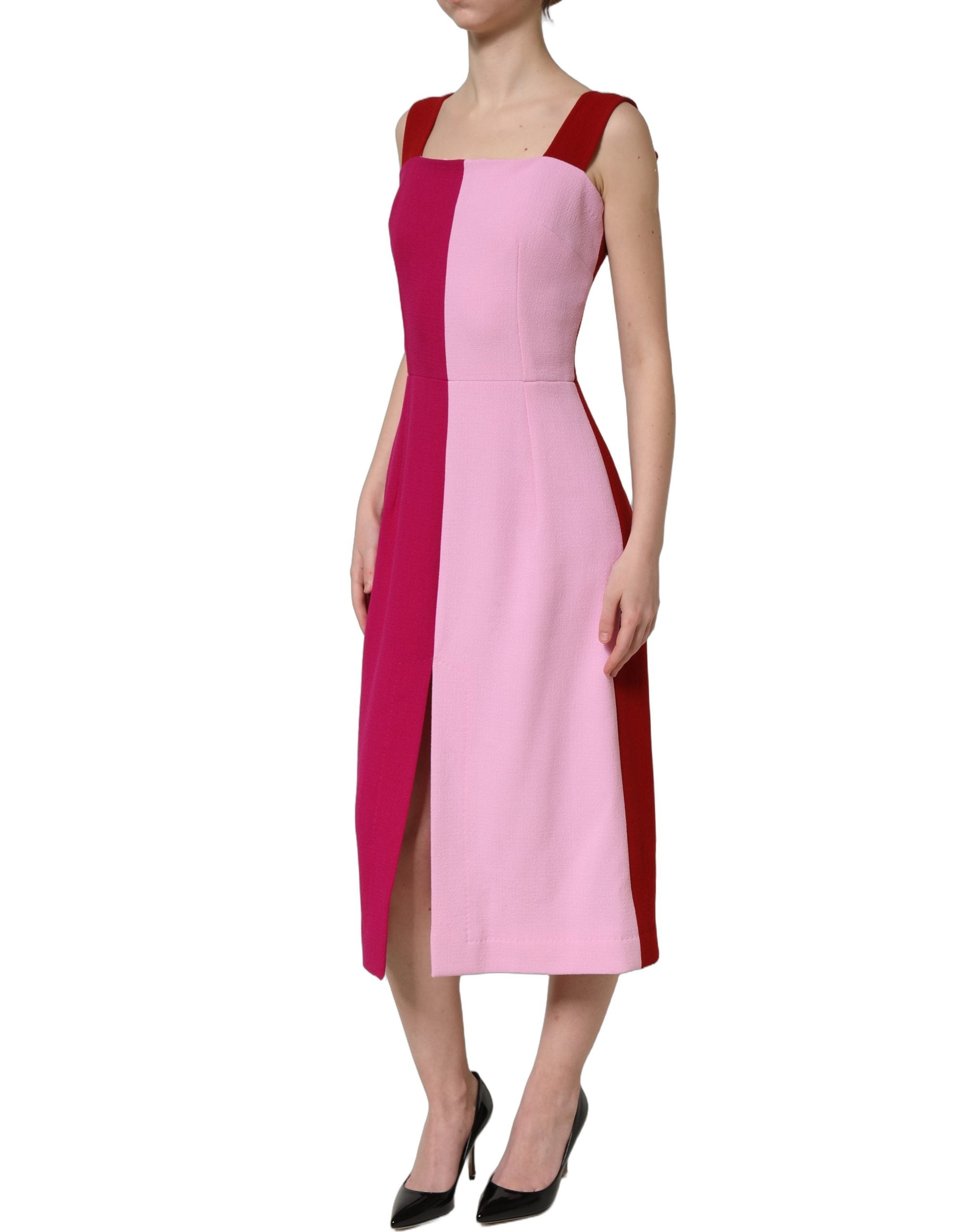 Dolce & Gabbana Two Tone Pink Wool Sleeveless Midi Dress