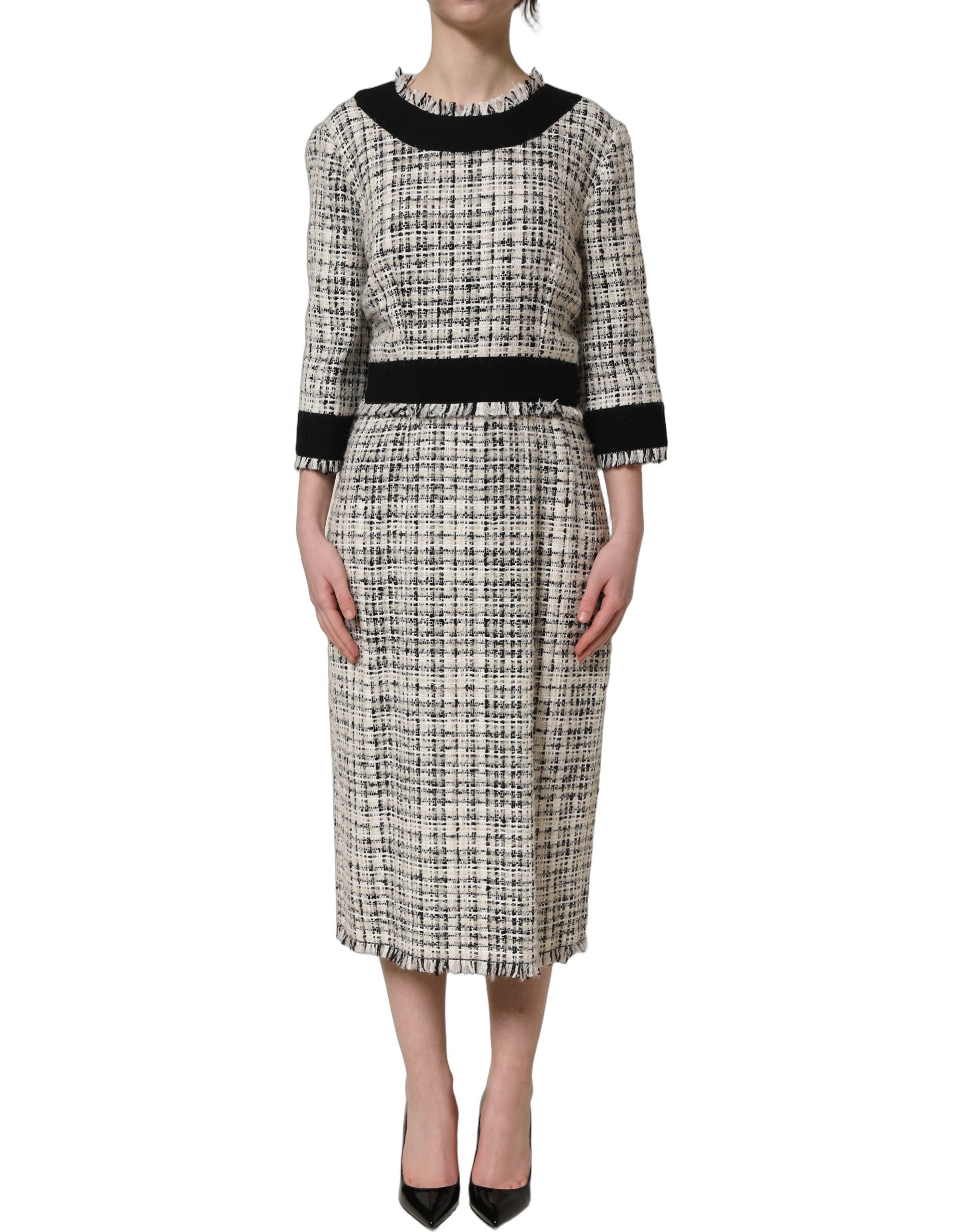 Dolce & Gabbana Multicolor Bouclé Tweed Frayed Trim Midi Dress