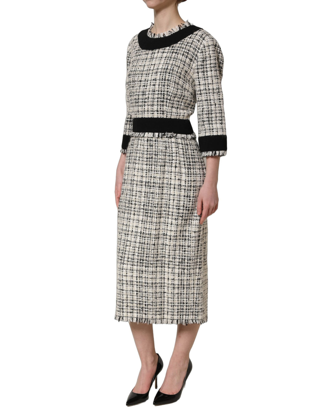 Dolce & Gabbana Multicolor Bouclé Tweed Frayed Trim Midi Dress