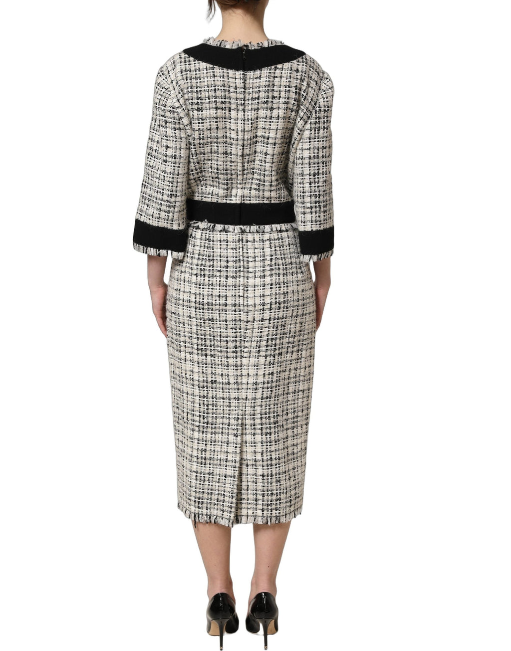 Dolce & Gabbana Multicolor Bouclé Tweed Frayed Trim Midi Dress
