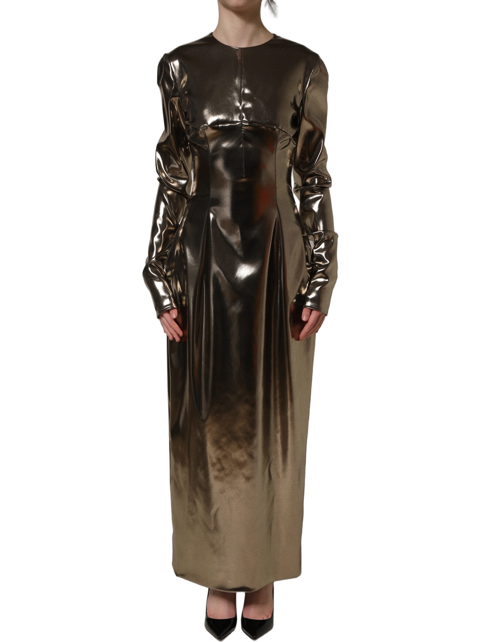 Dolce & Gabbana Metallic Gold Polyester LongSleeve Maxi Dress