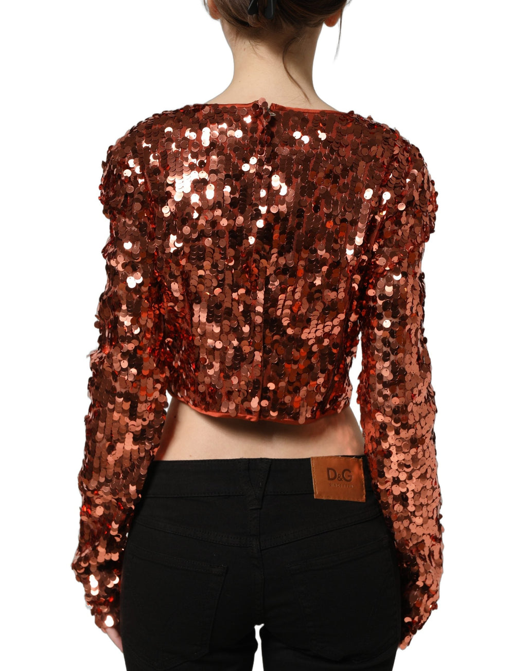 Dolce & Gabbana Red Sequined Long Sleeves Crop Blouse Top