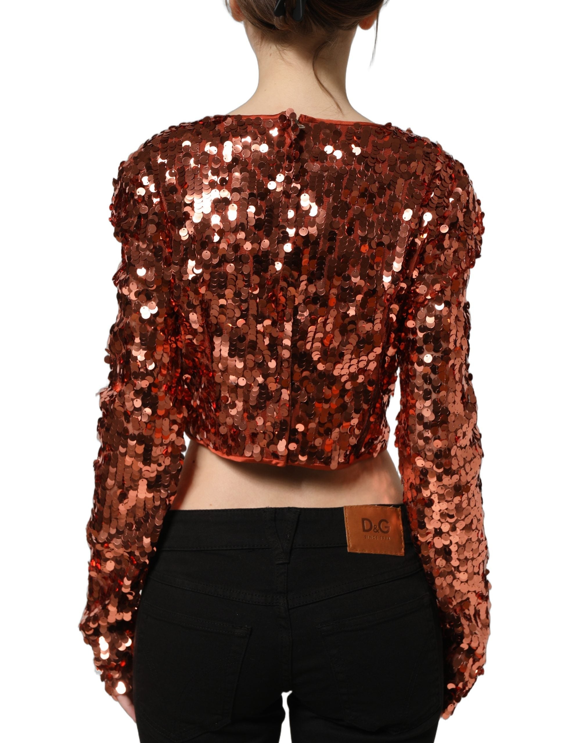 Dolce & Gabbana Red Sequined Long Sleeves Crop Blouse Top