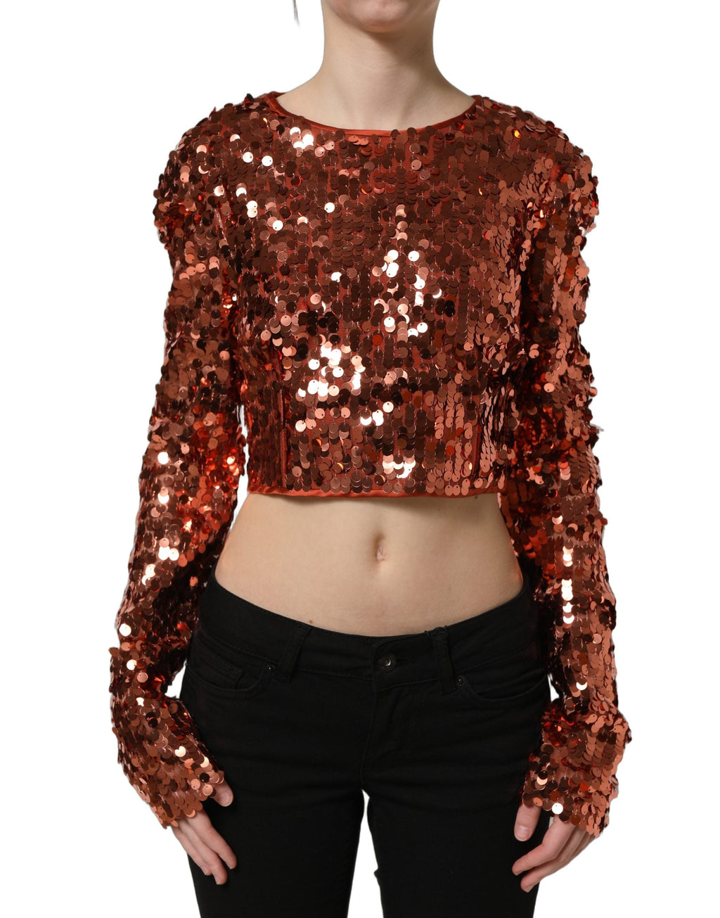 Dolce & Gabbana Red Sequined Long Sleeves Crop Blouse Top