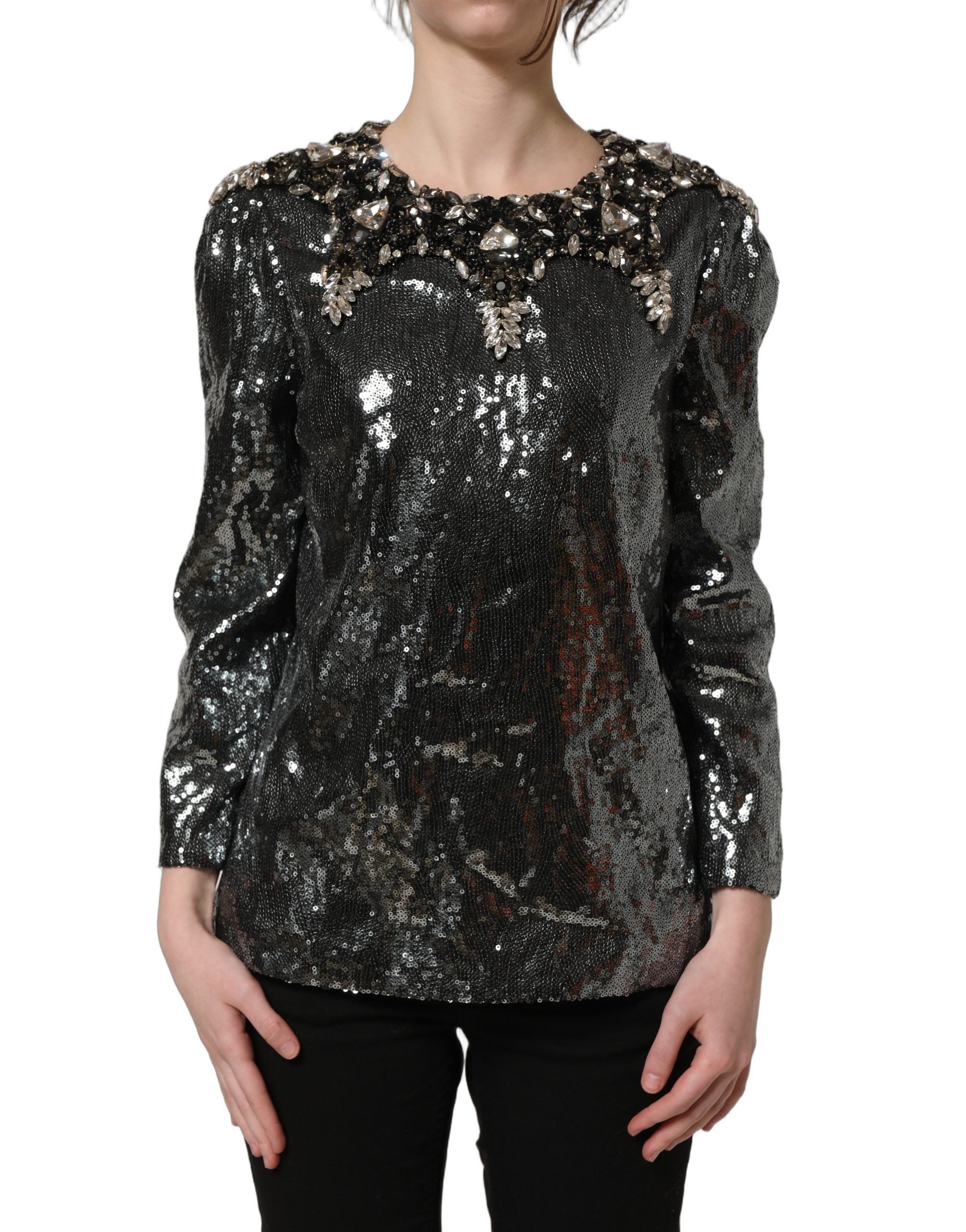 Dolce & Gabbana Metallic Gray Sequin Embellished Blouse Top