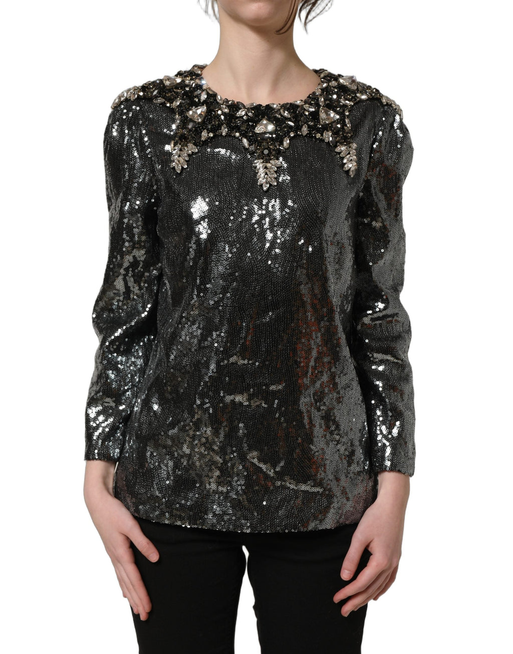 Dolce & Gabbana Metallic Gray Sequin Embellished Blouse Top