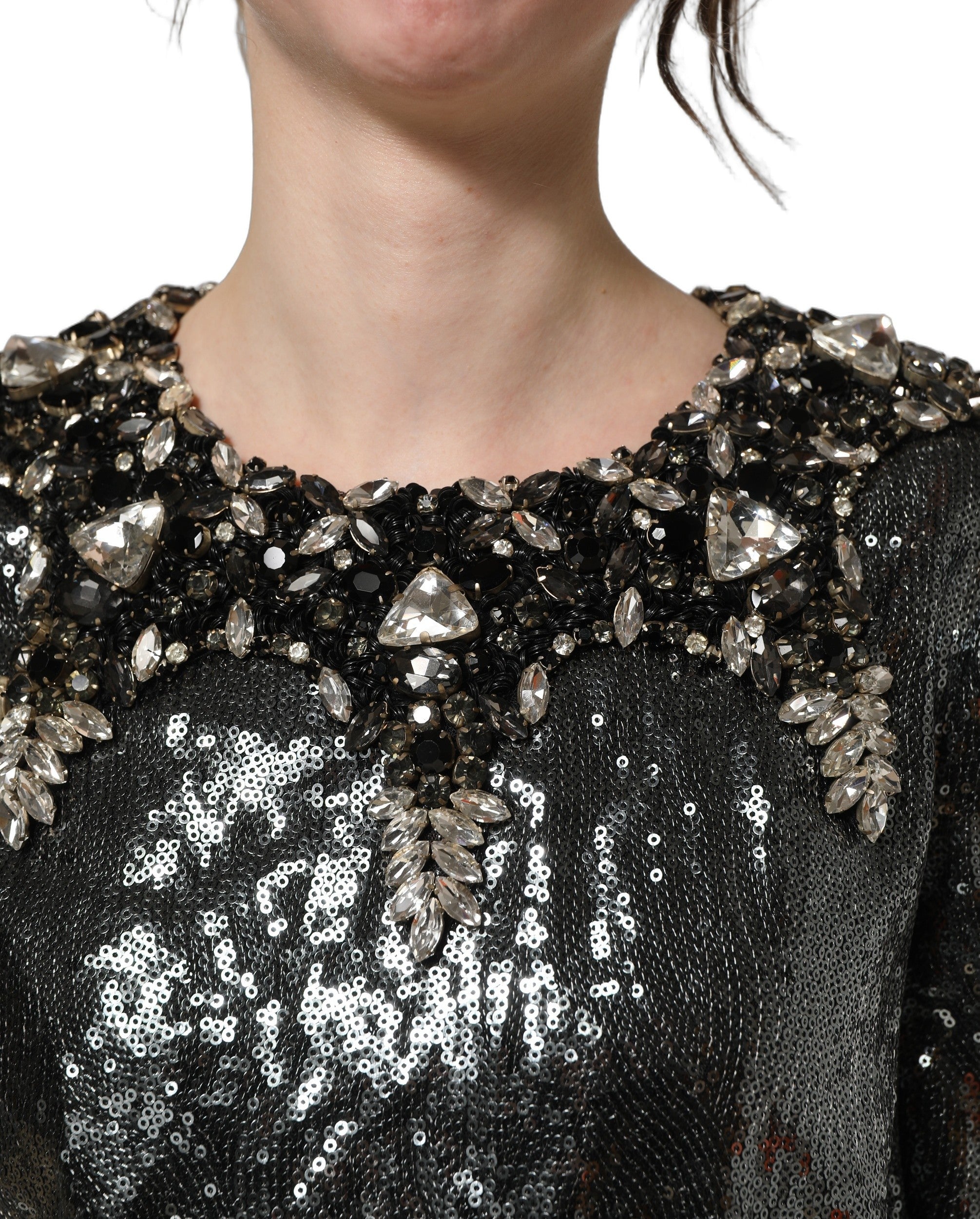 Dolce & Gabbana Metallic Gray Sequin Embellished Blouse Top