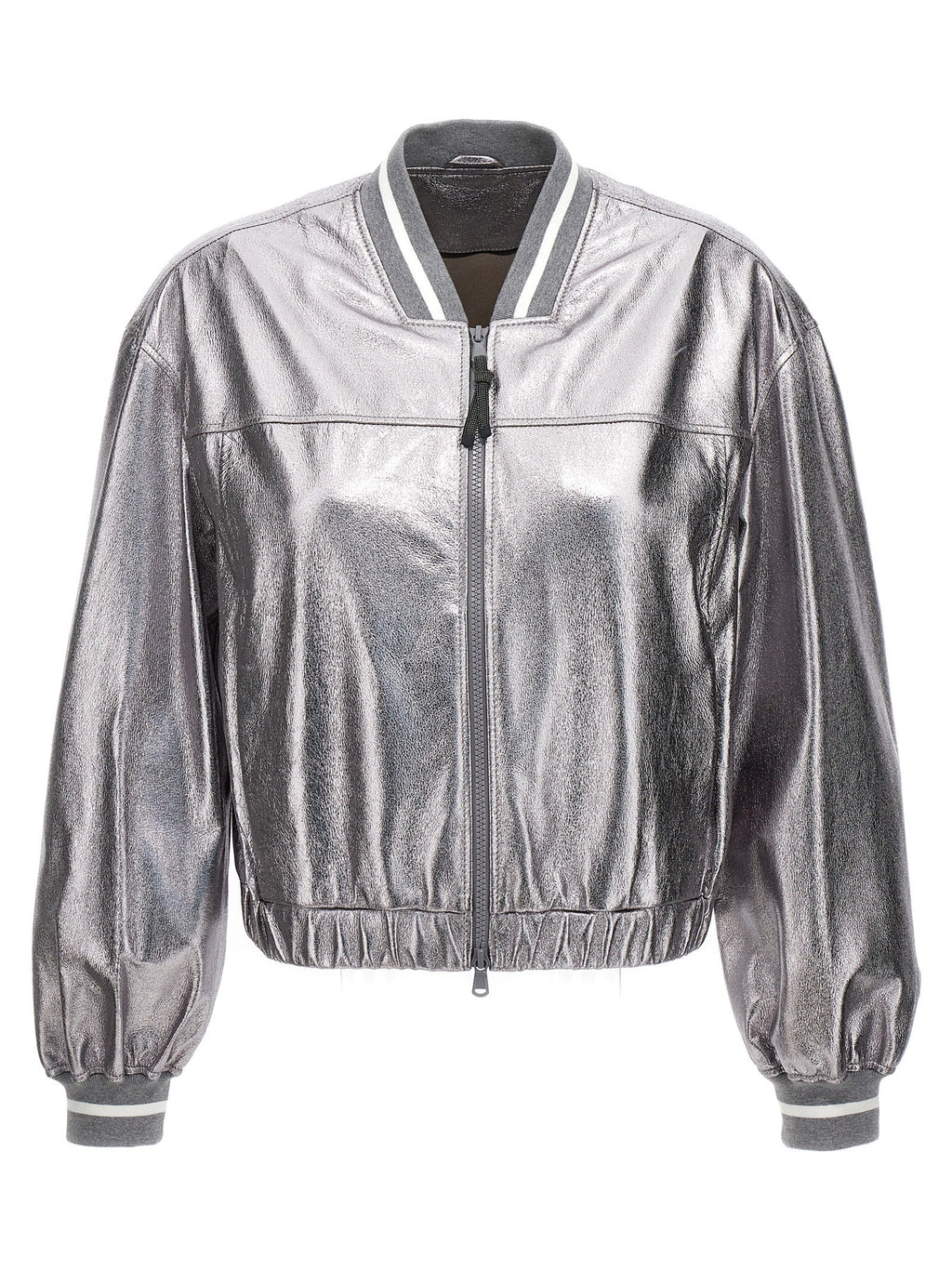 Brunello Cucinelli Silver Leather Bomber
