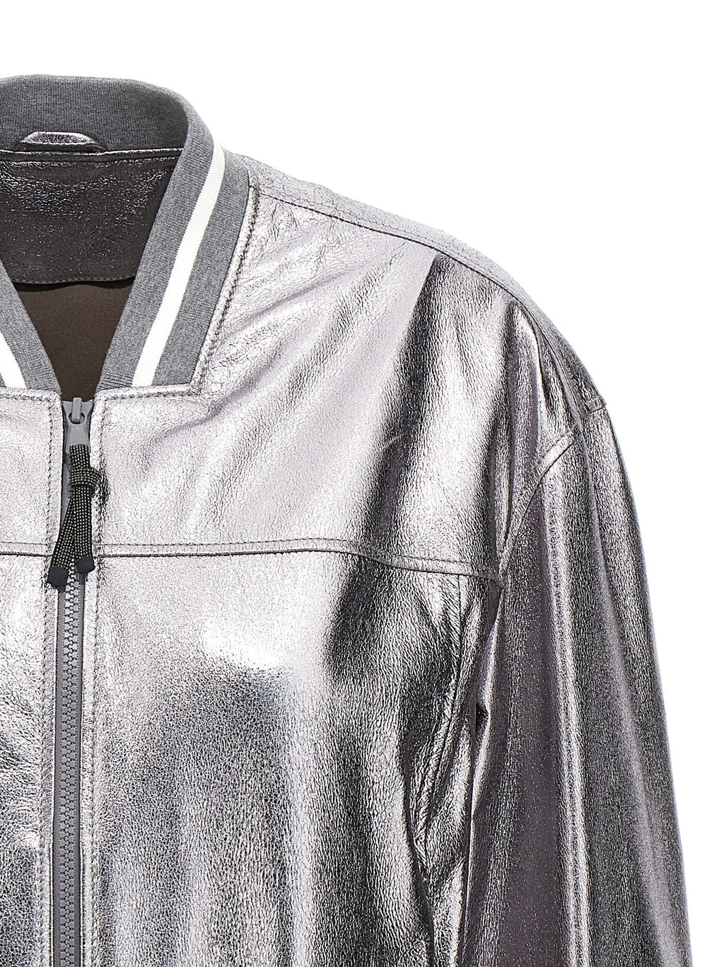 Brunello Cucinelli Silver Leather Bomber
