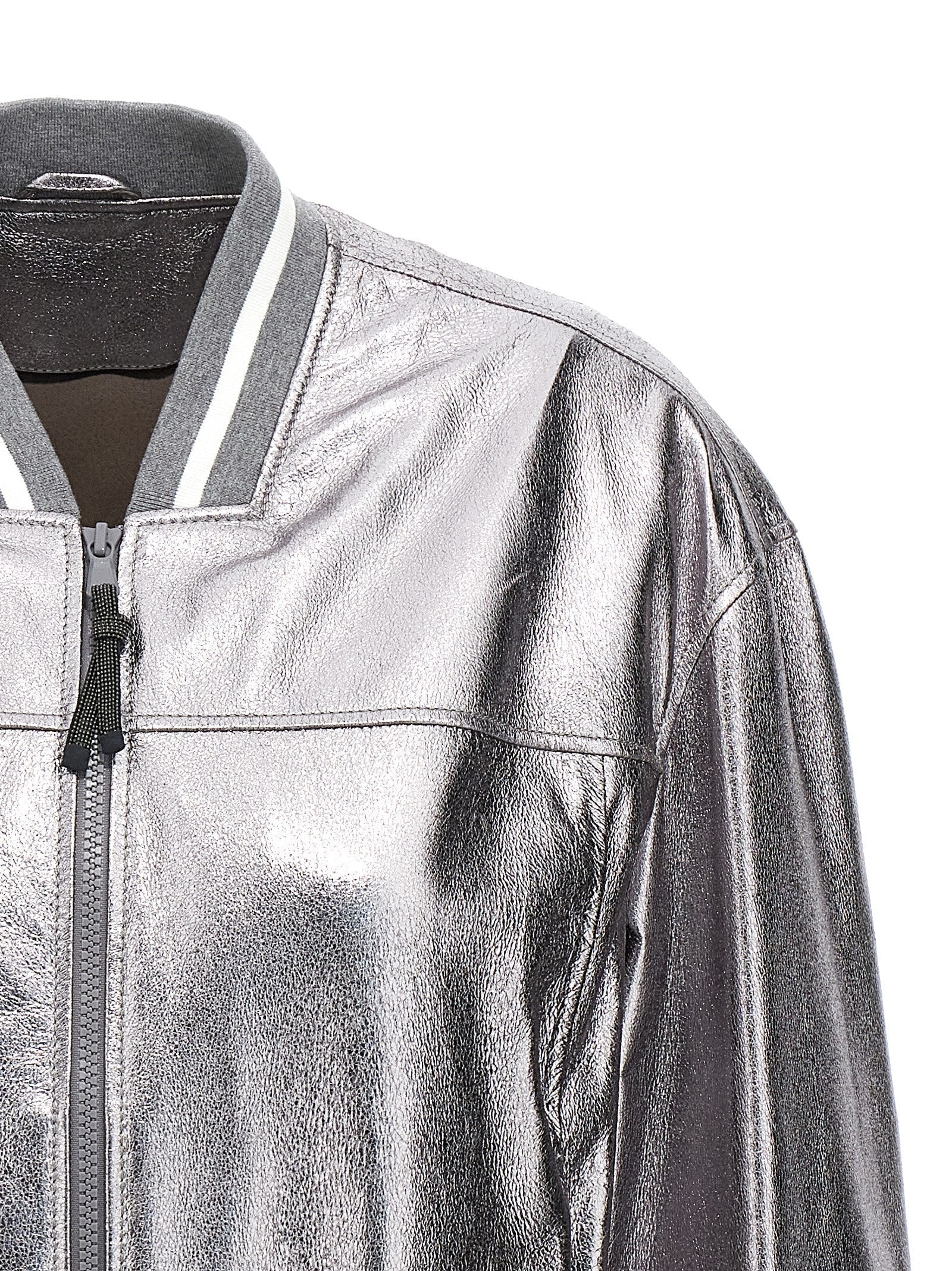 Brunello Cucinelli Silver Leather Bomber