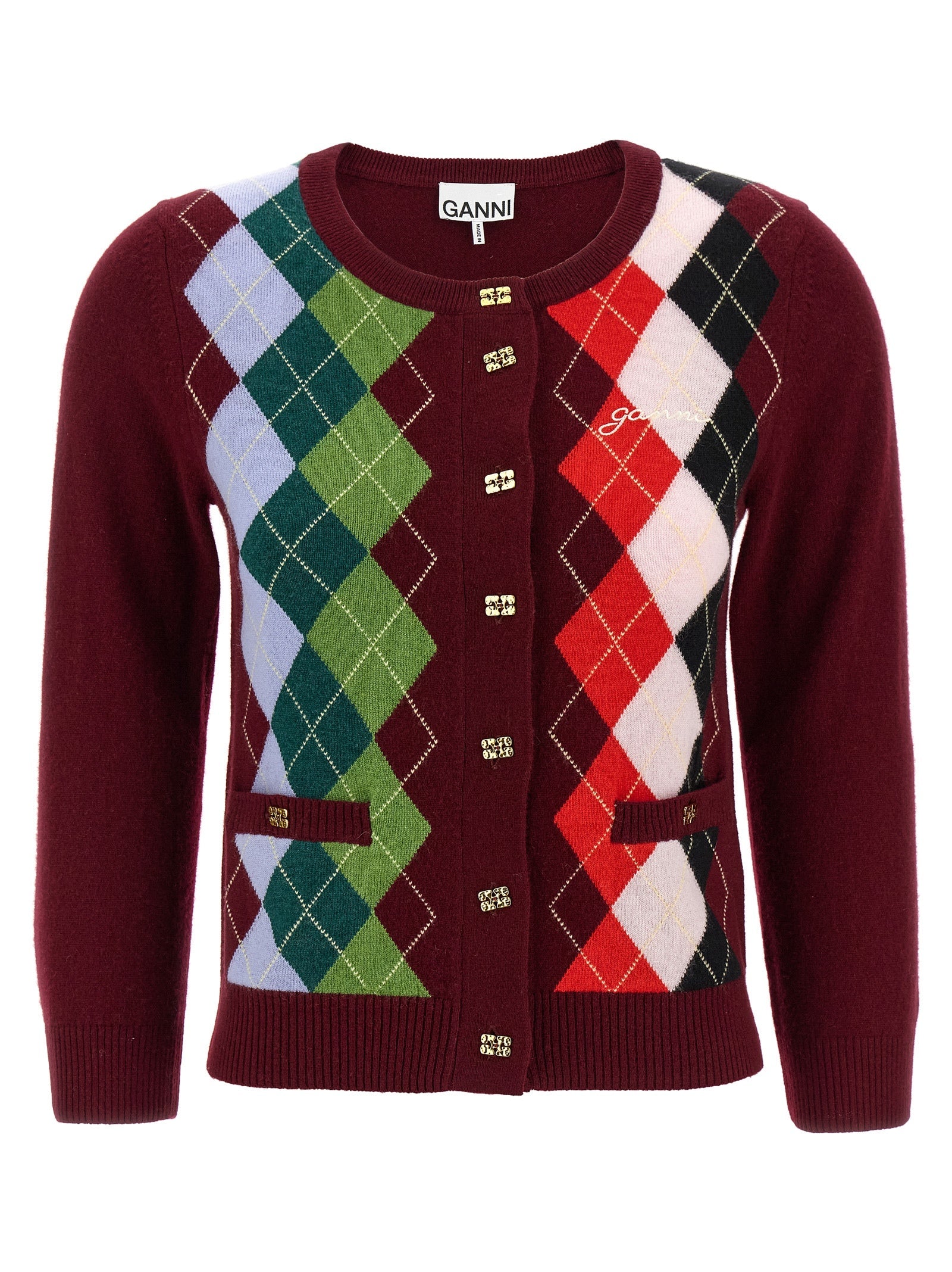 Ganni Bordeaux Merino Wool Cardigan