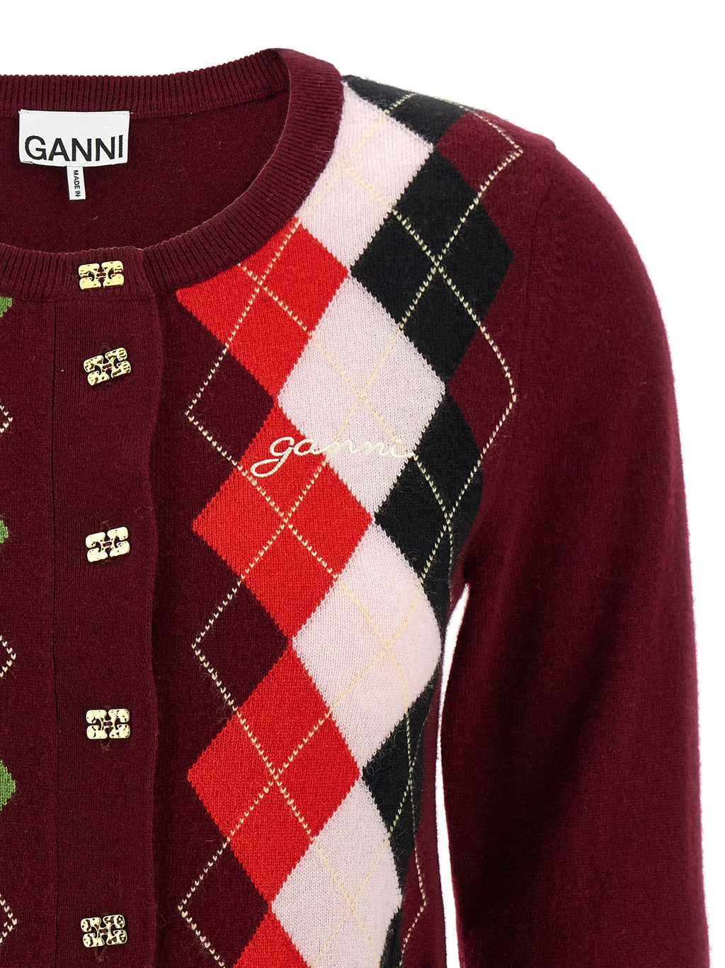 Ganni Bordeaux Merino Wool Cardigan