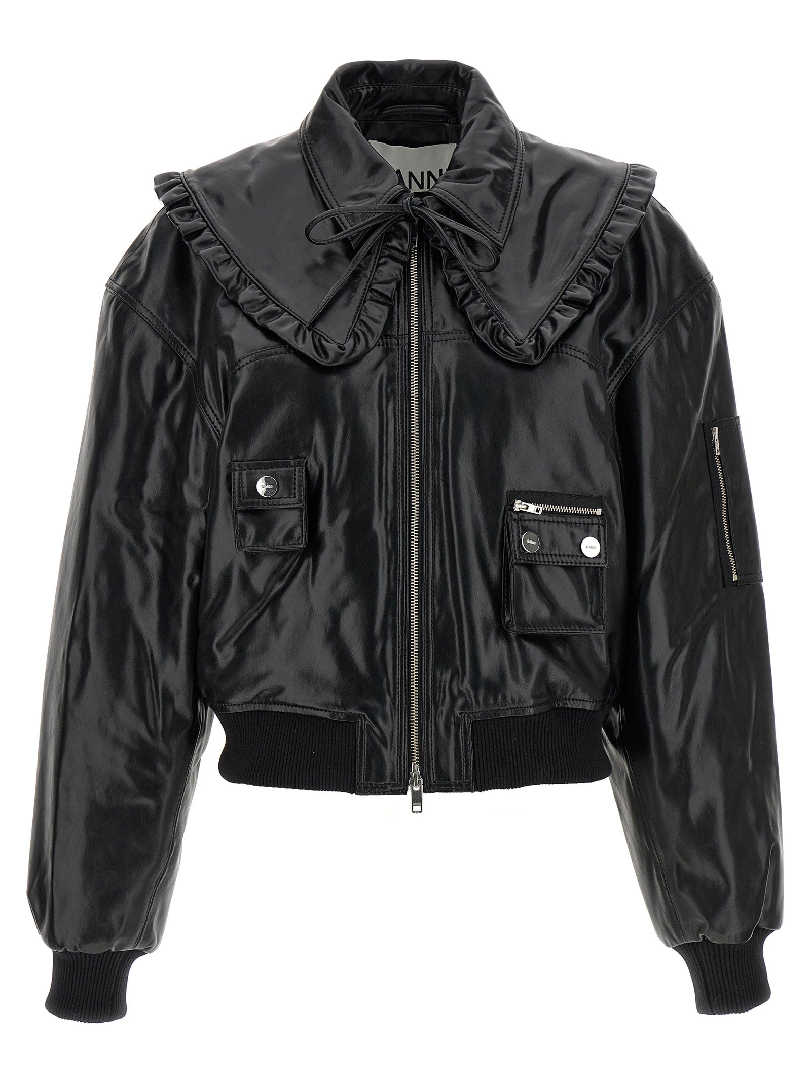 Ganni Black Leather Bomber