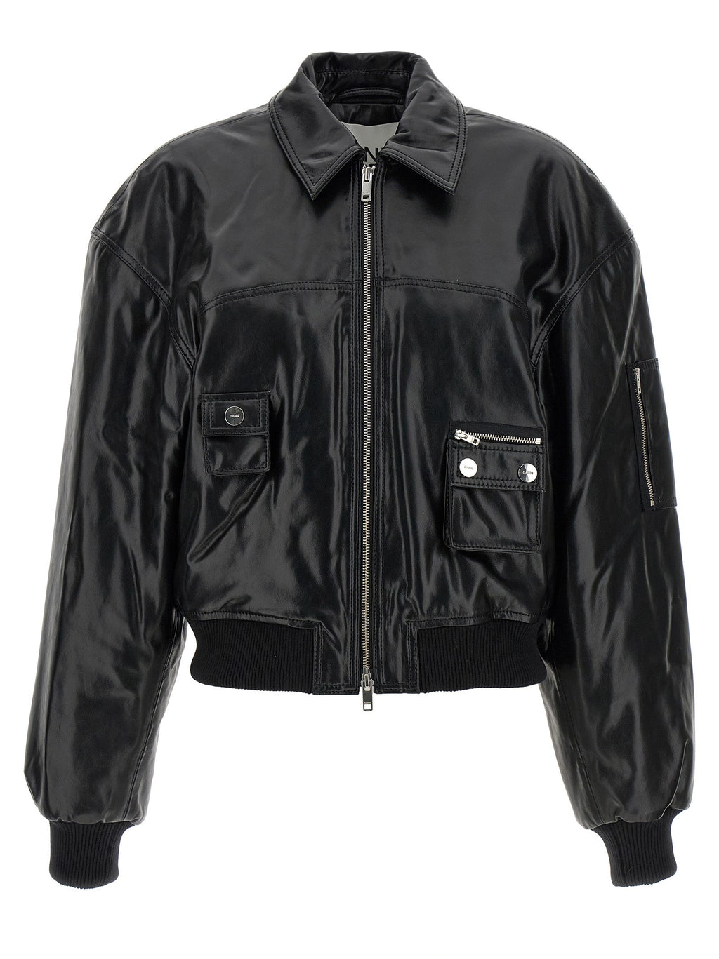Ganni Black Leather Bomber