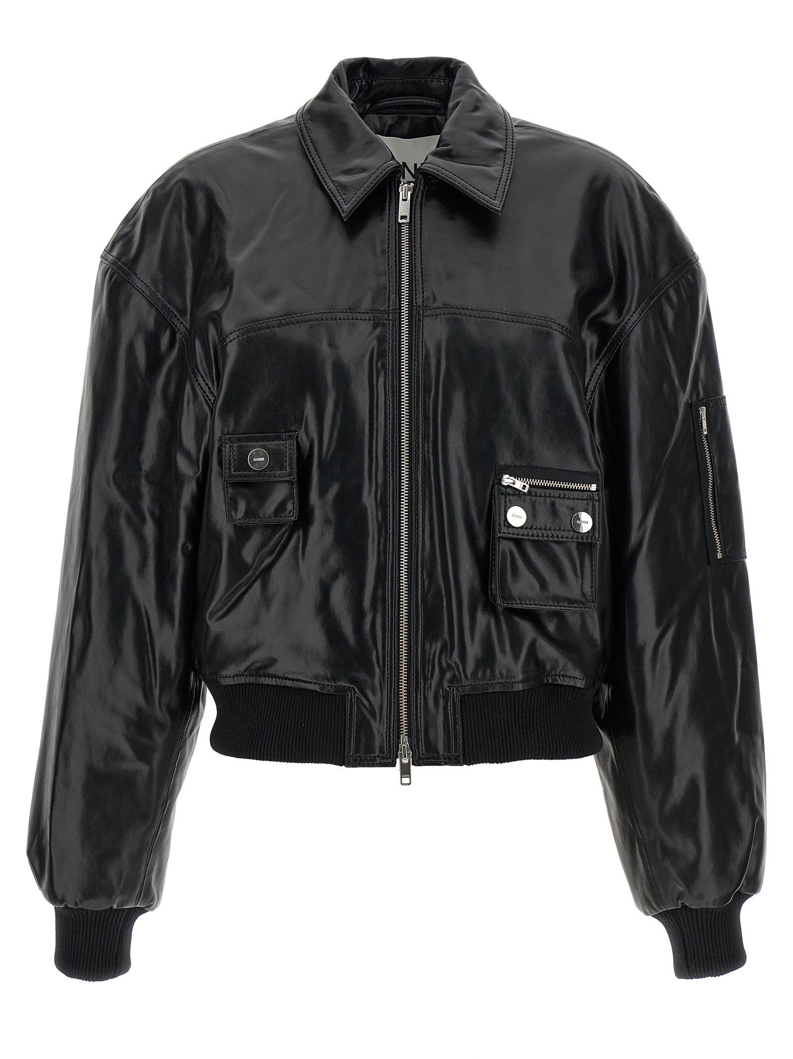 Ganni Black Leather Bomber
