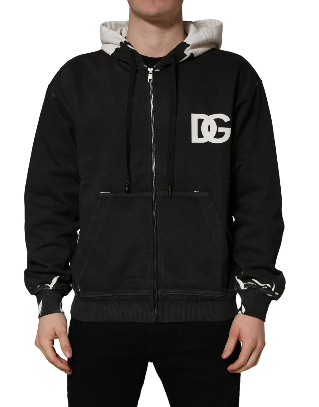 Dolce & Gabbana Black Cotton Logo Hooded Full Zip Sweater
