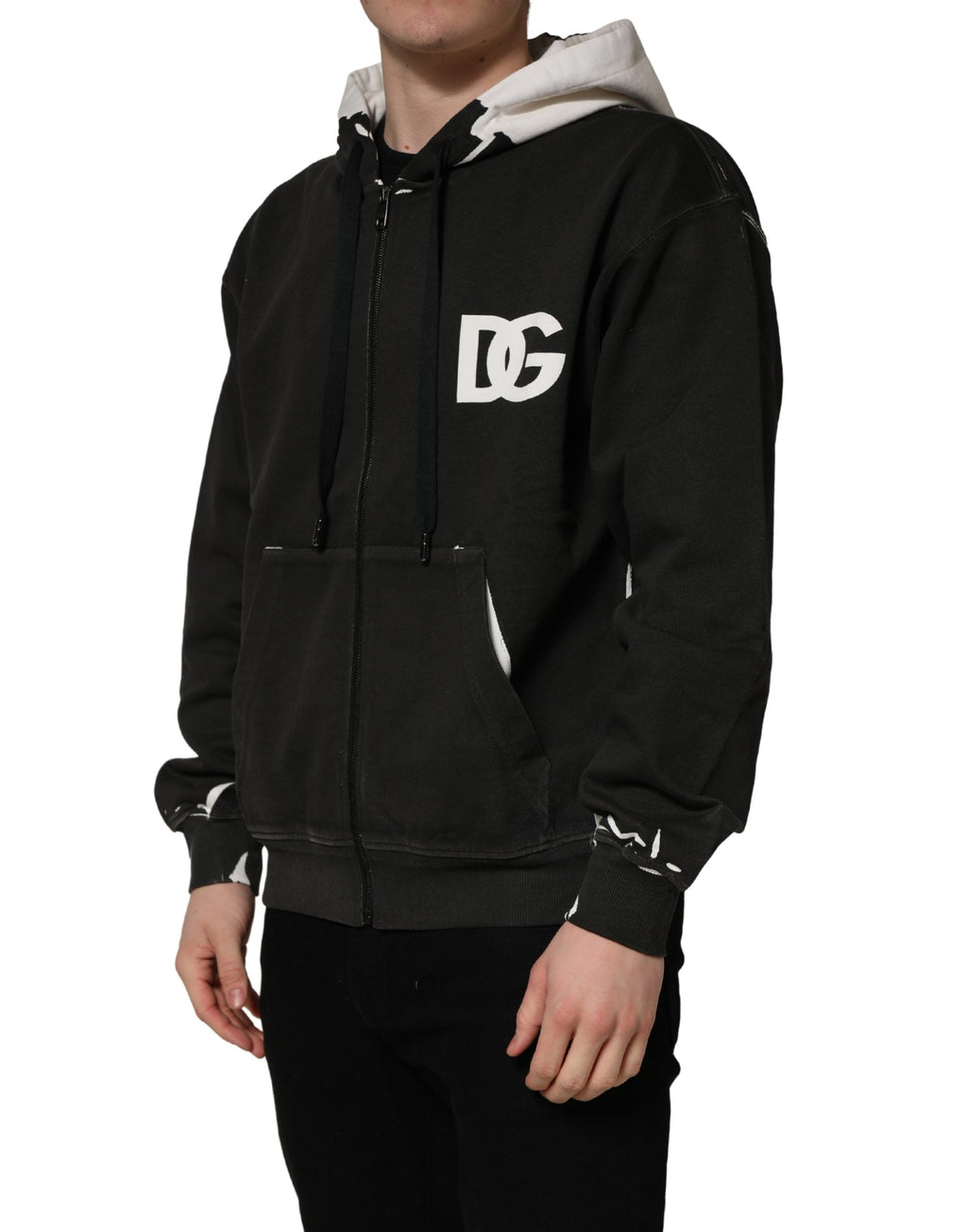 Dolce & Gabbana Black Cotton Logo Hooded Full Zip Sweater
