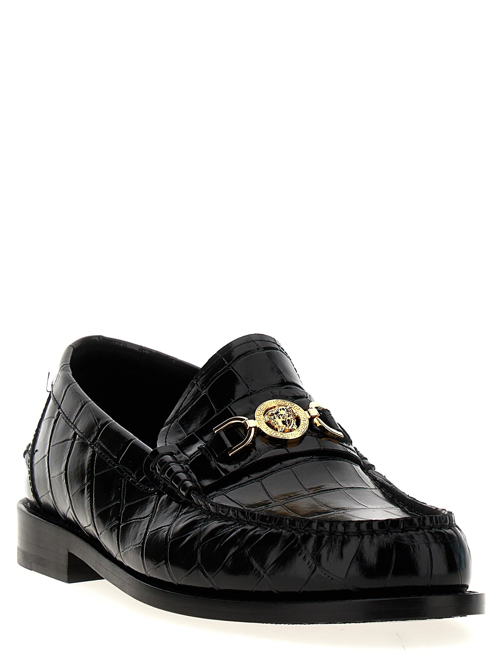 Versace Black Velvet Leather Slip-On Loafers