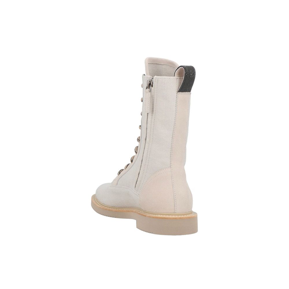 Brunello Cucinelli Beige Cotton Lace-Up Boots