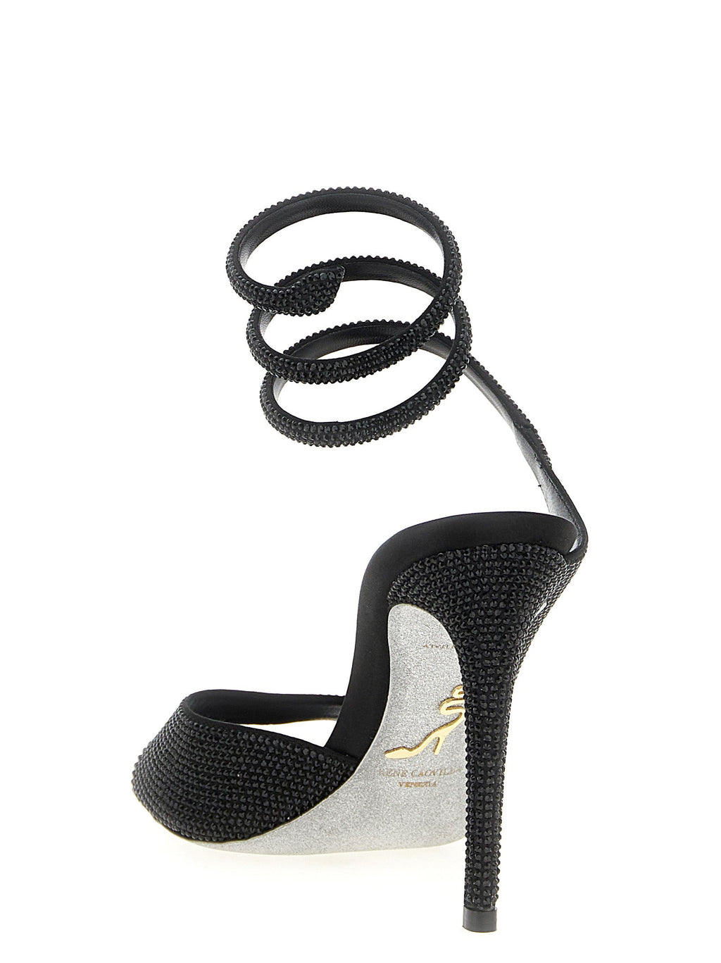 RENE CAOVILLA Black Satin Stiletto Heel Sandals