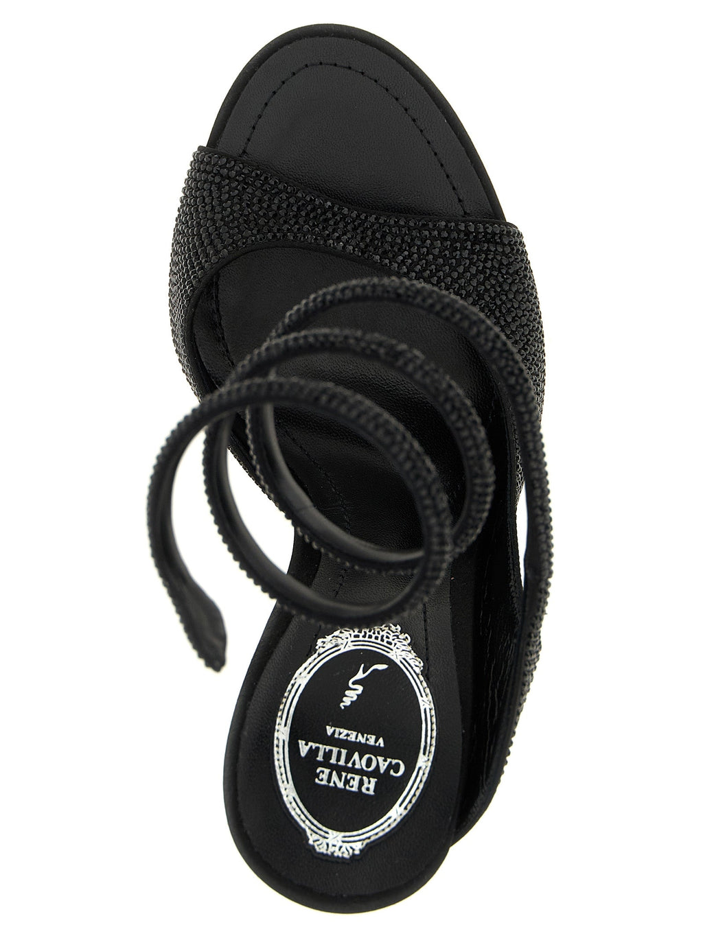 RENE CAOVILLA Black Satin Stiletto Heel Sandals