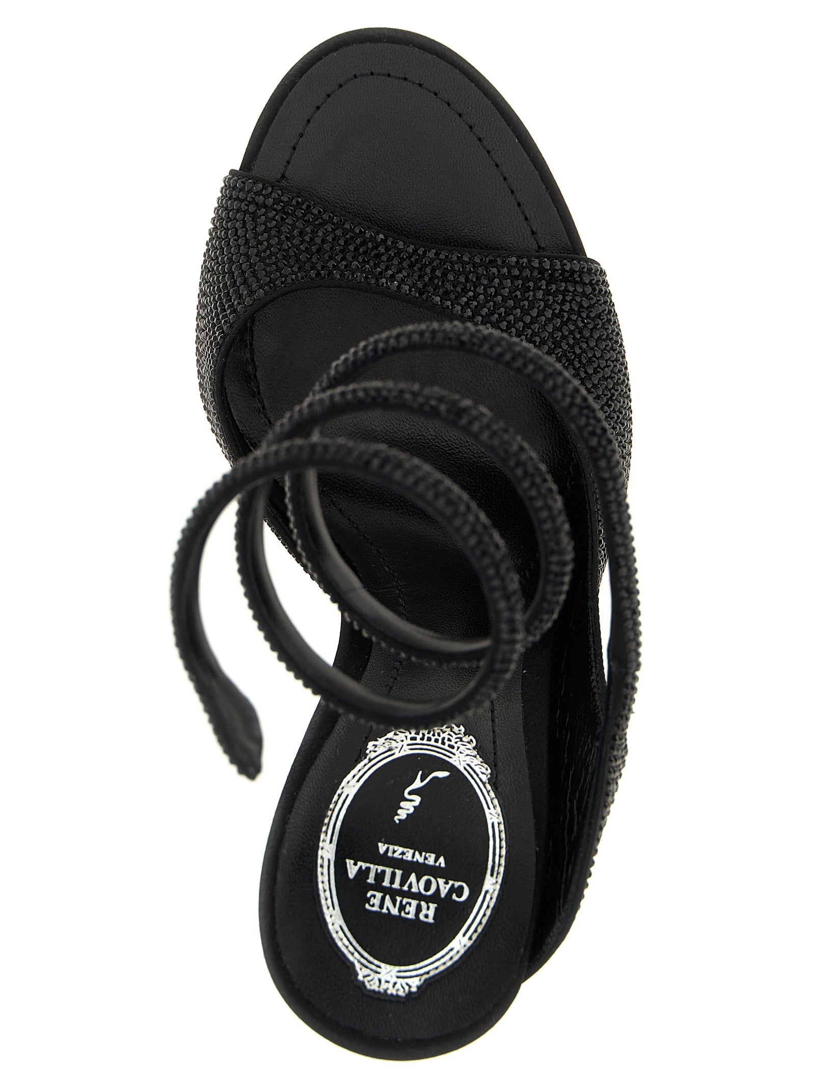 RENE CAOVILLA Black Satin Stiletto Heel Sandals
