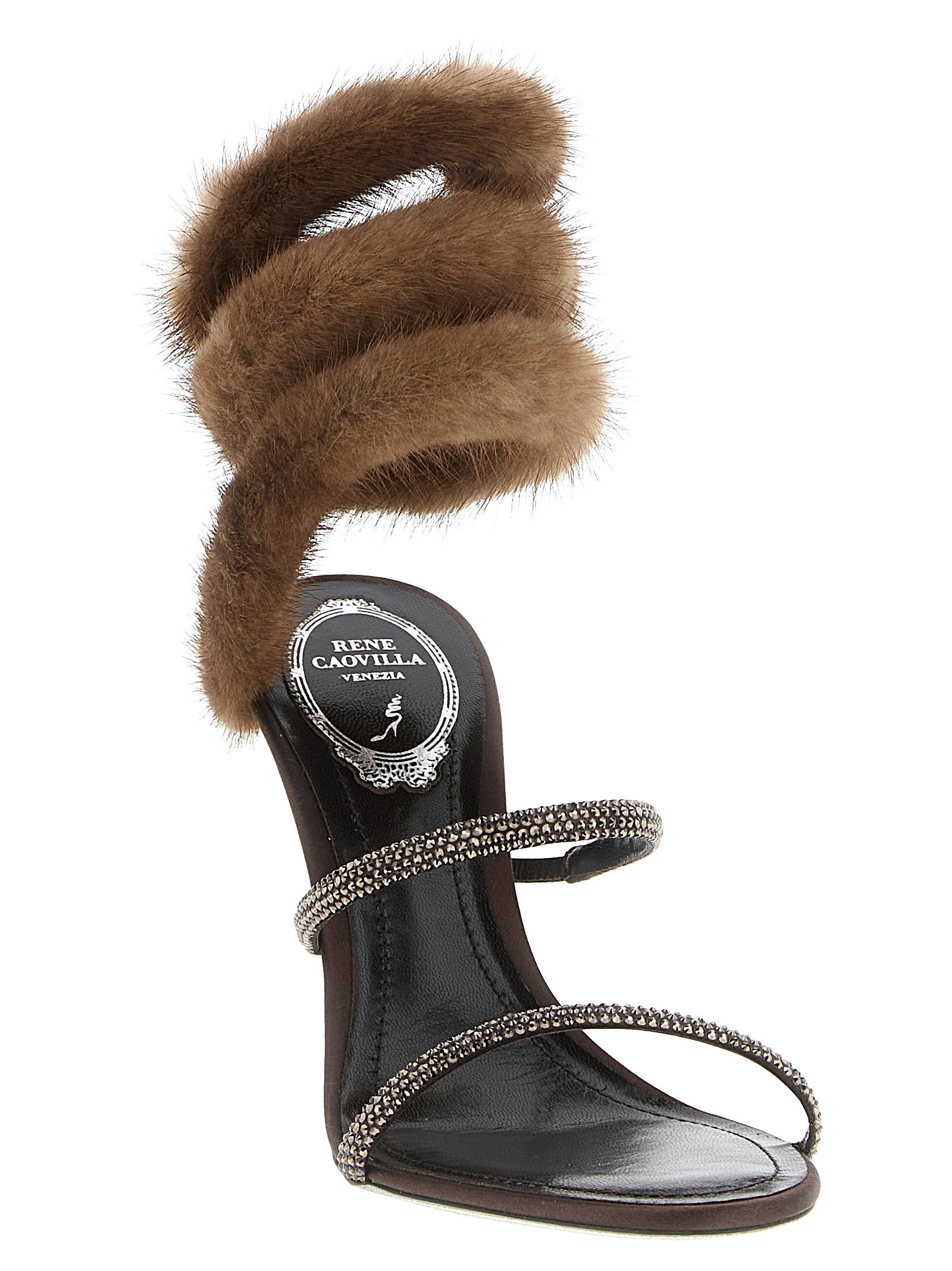 RENE CAOVILLA Brown Satin Stiletto Heel Sandals