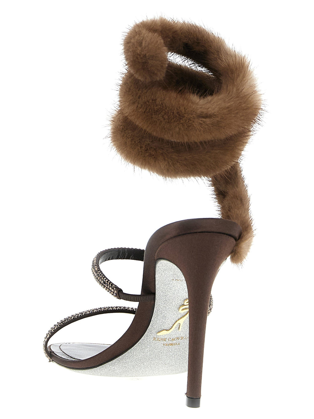 RENE CAOVILLA Brown Satin Stiletto Heel Sandals