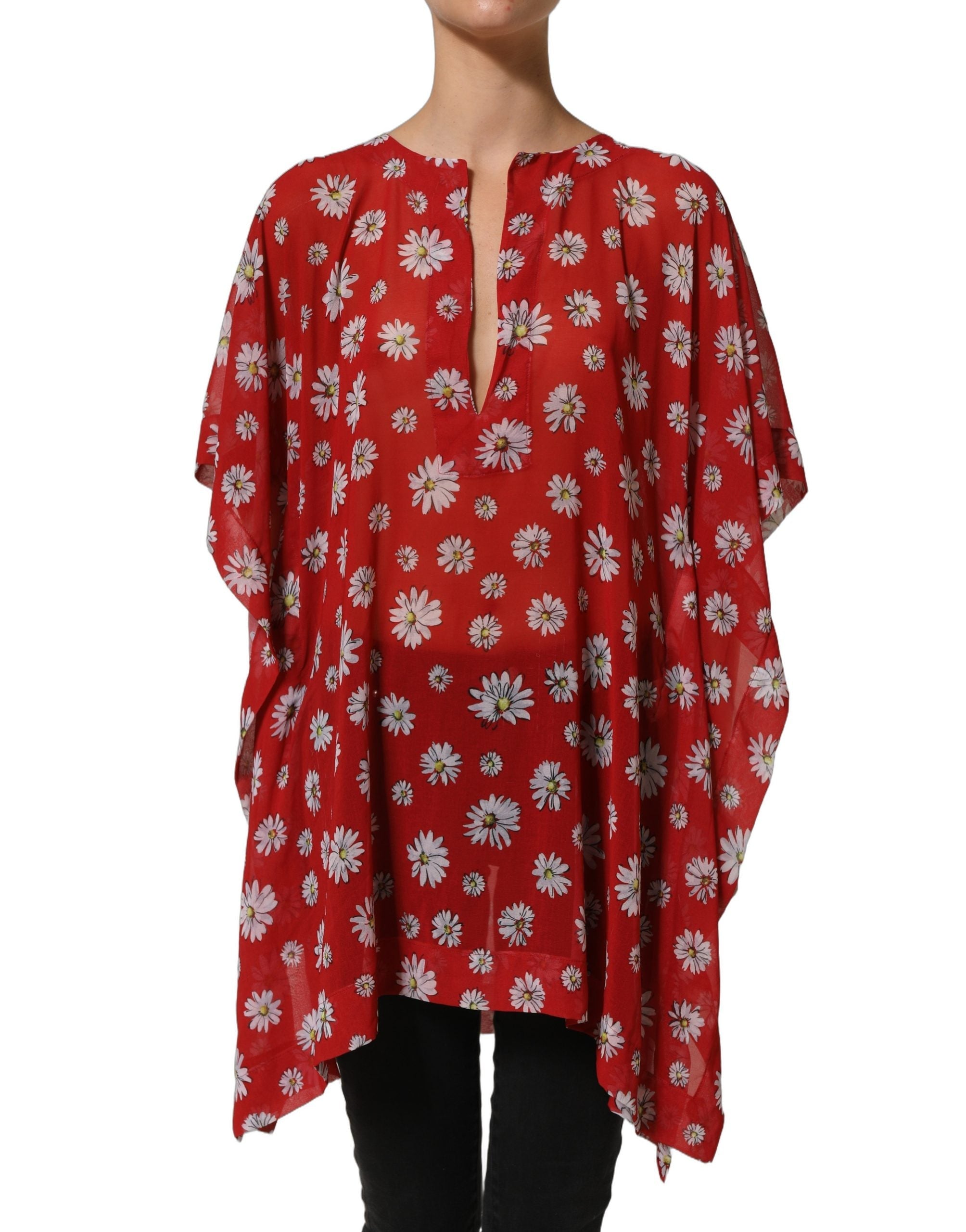 Dolce & Gabbana Red Floral V-neck Polyester Kaftan Blouse Top