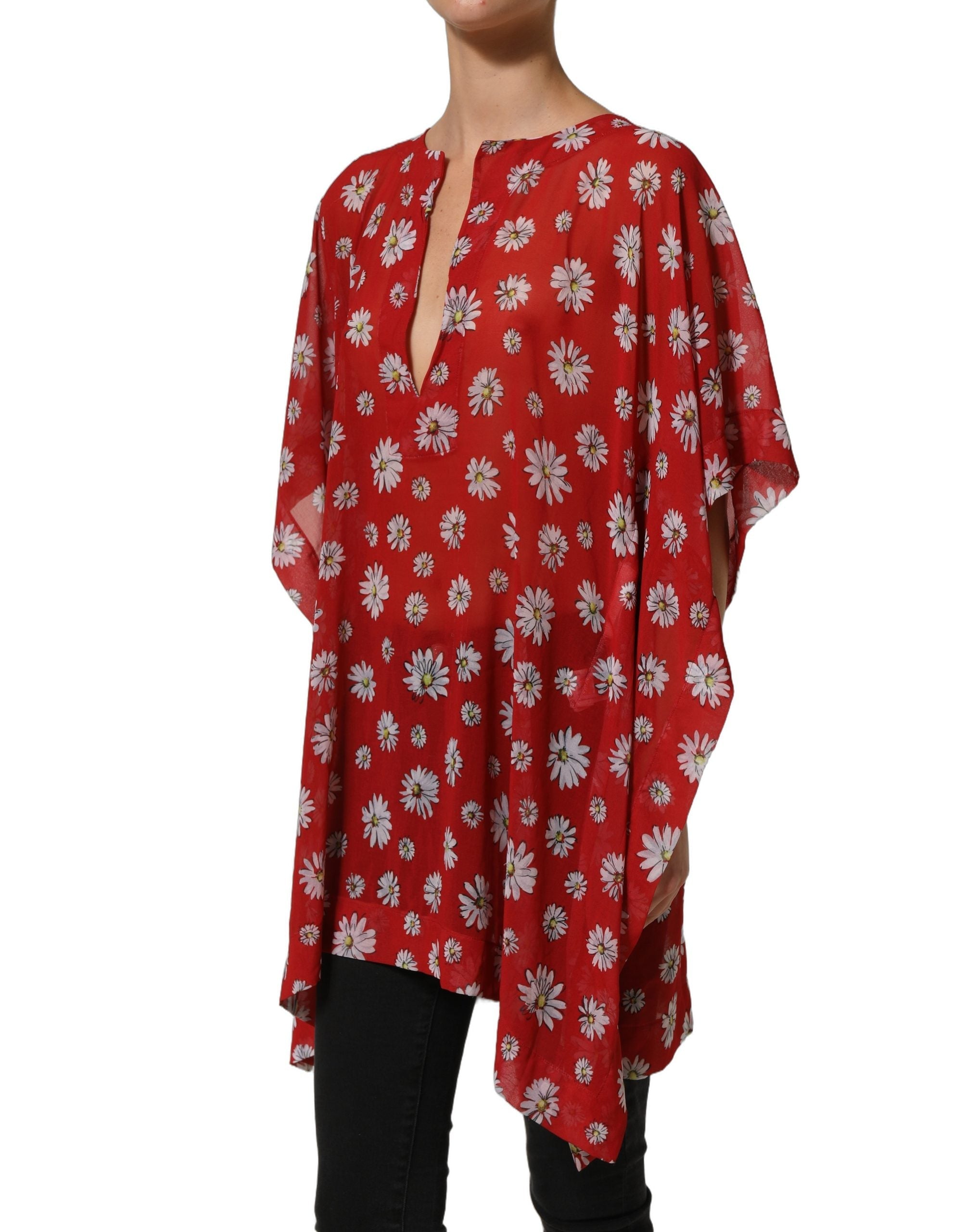 Dolce & Gabbana Red Floral V-neck Polyester Kaftan Blouse Top