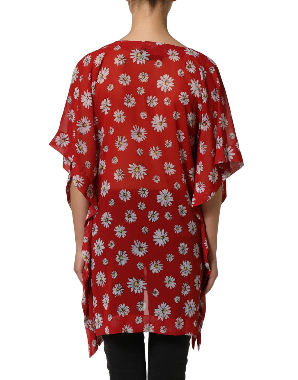 Dolce & Gabbana Red Floral V-neck Polyester Kaftan Blouse Top