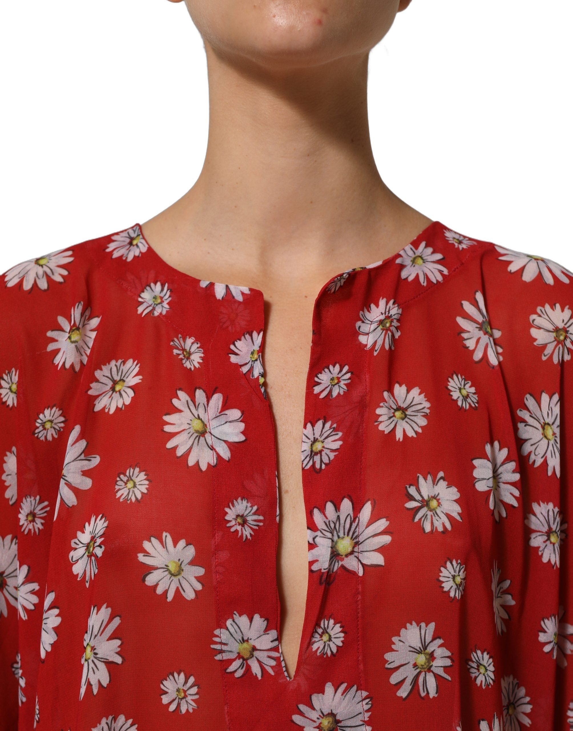Dolce & Gabbana Red Floral V-neck Polyester Kaftan Blouse Top