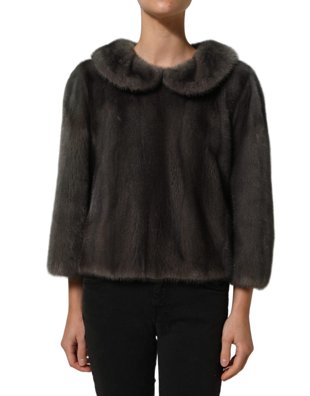 Dolce & Gabbana Dark Gray Mink Fur Round Collar Blouse Top
