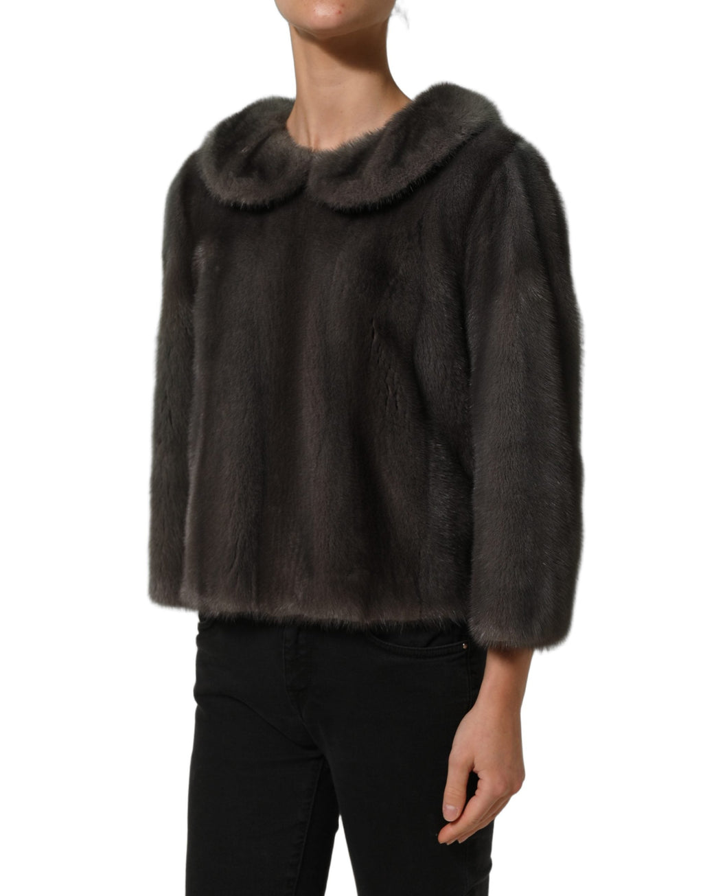 Dolce & Gabbana Dark Gray Mink Fur Round Collar Blouse Top