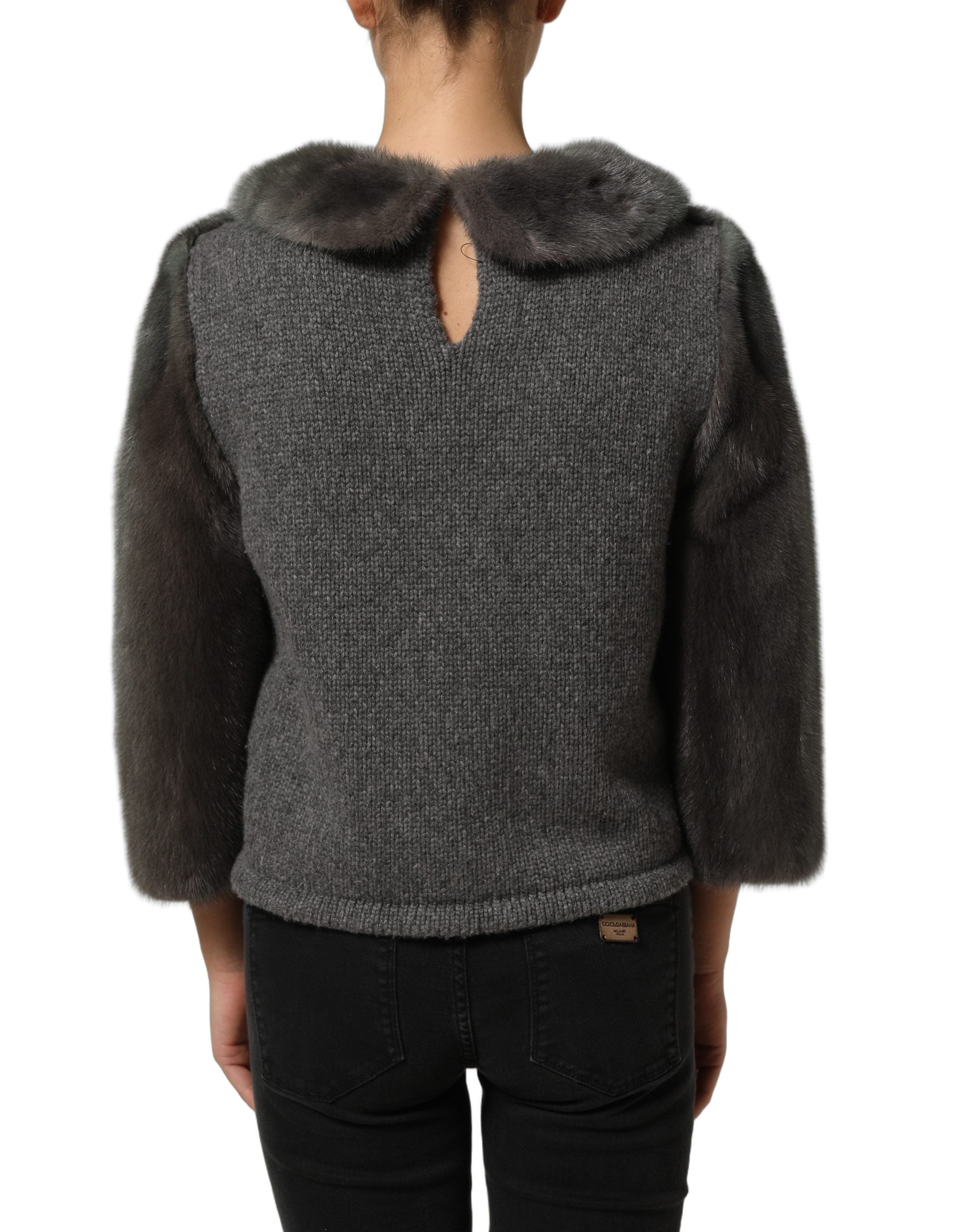 Dolce & Gabbana Dark Gray Mink Fur Round Collar Blouse Top