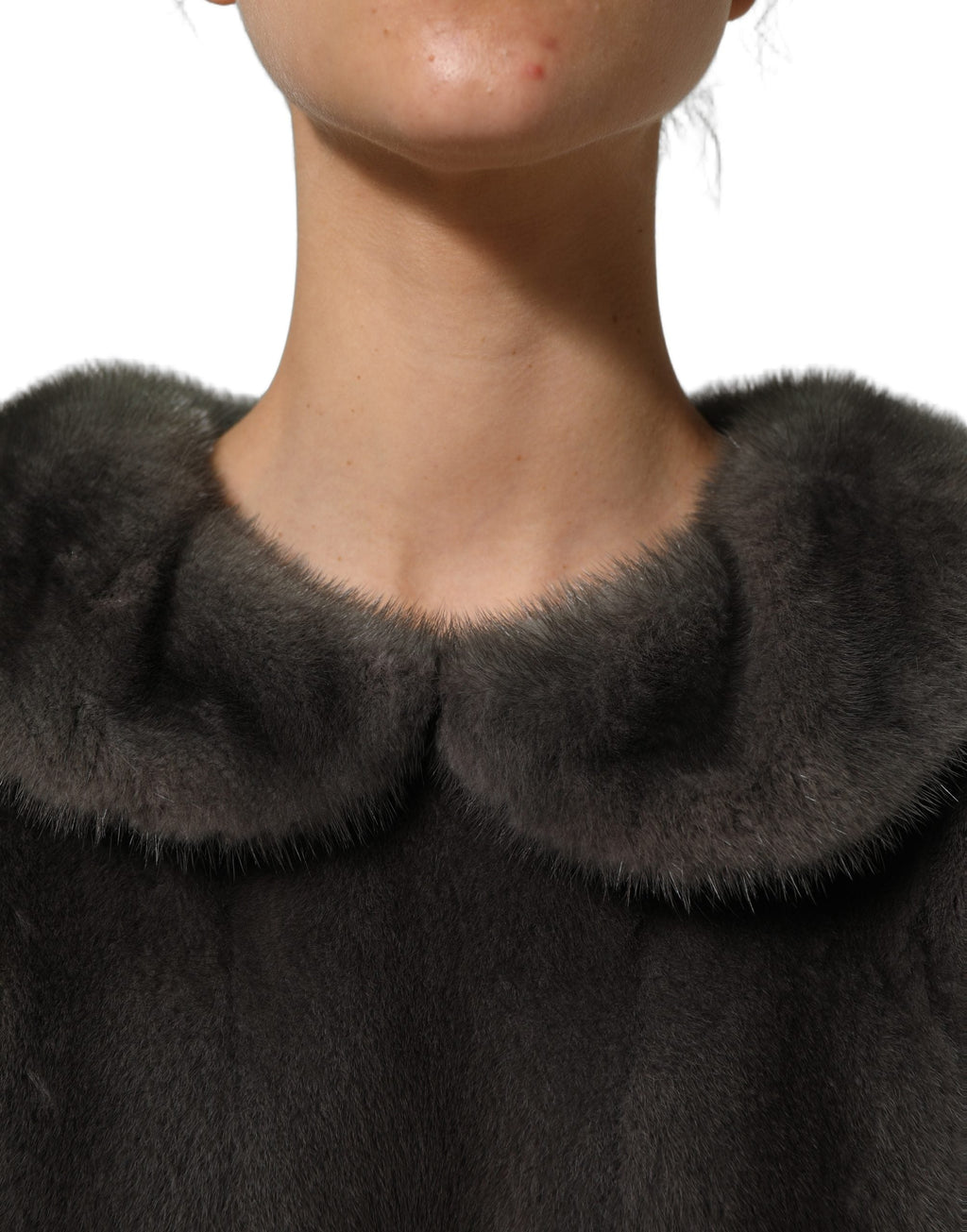 Dolce & Gabbana Dark Gray Mink Fur Round Collar Blouse Top
