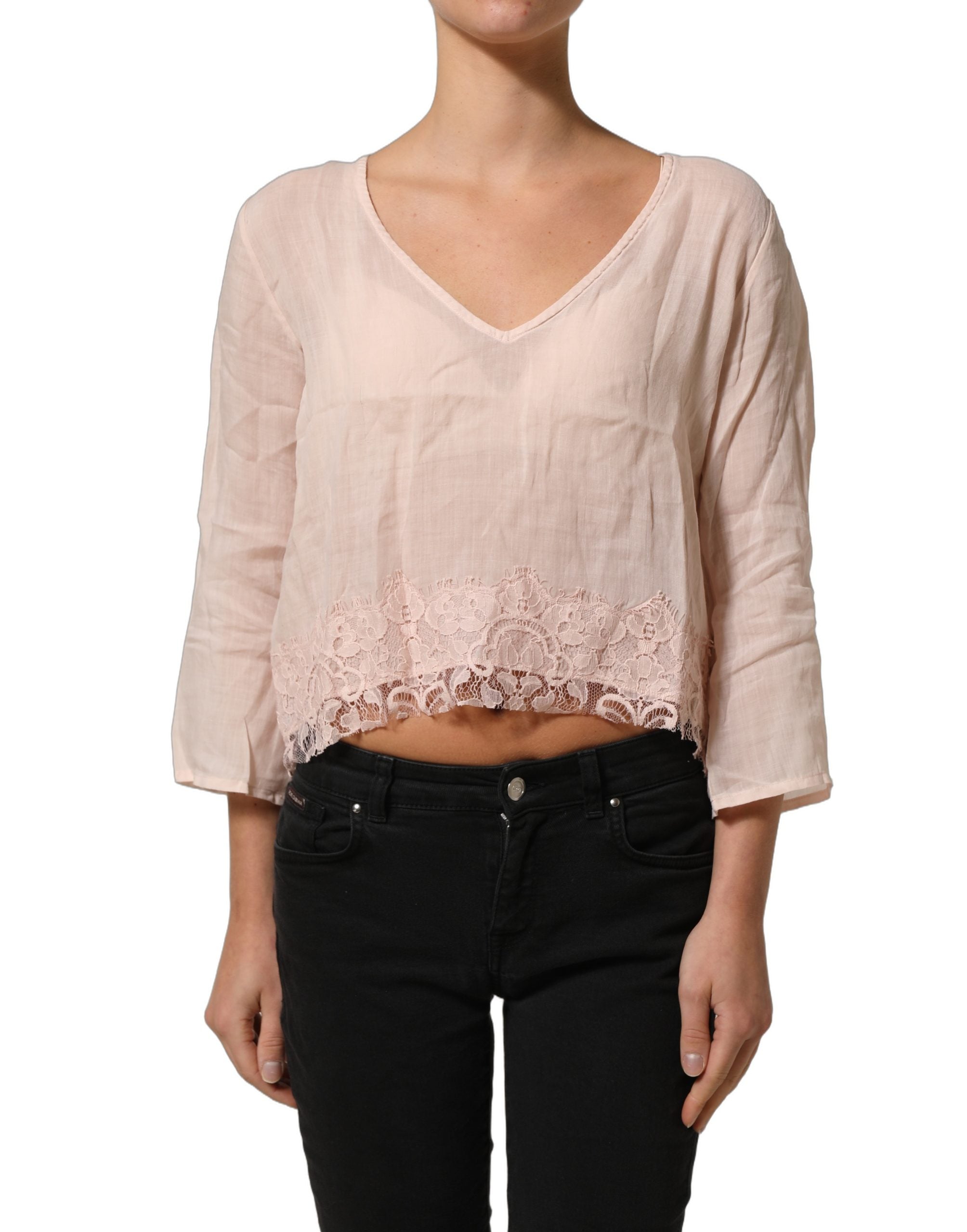 PINK MEMORIES Light Pink Linen V-Neck Long Sleeves Blouse Top