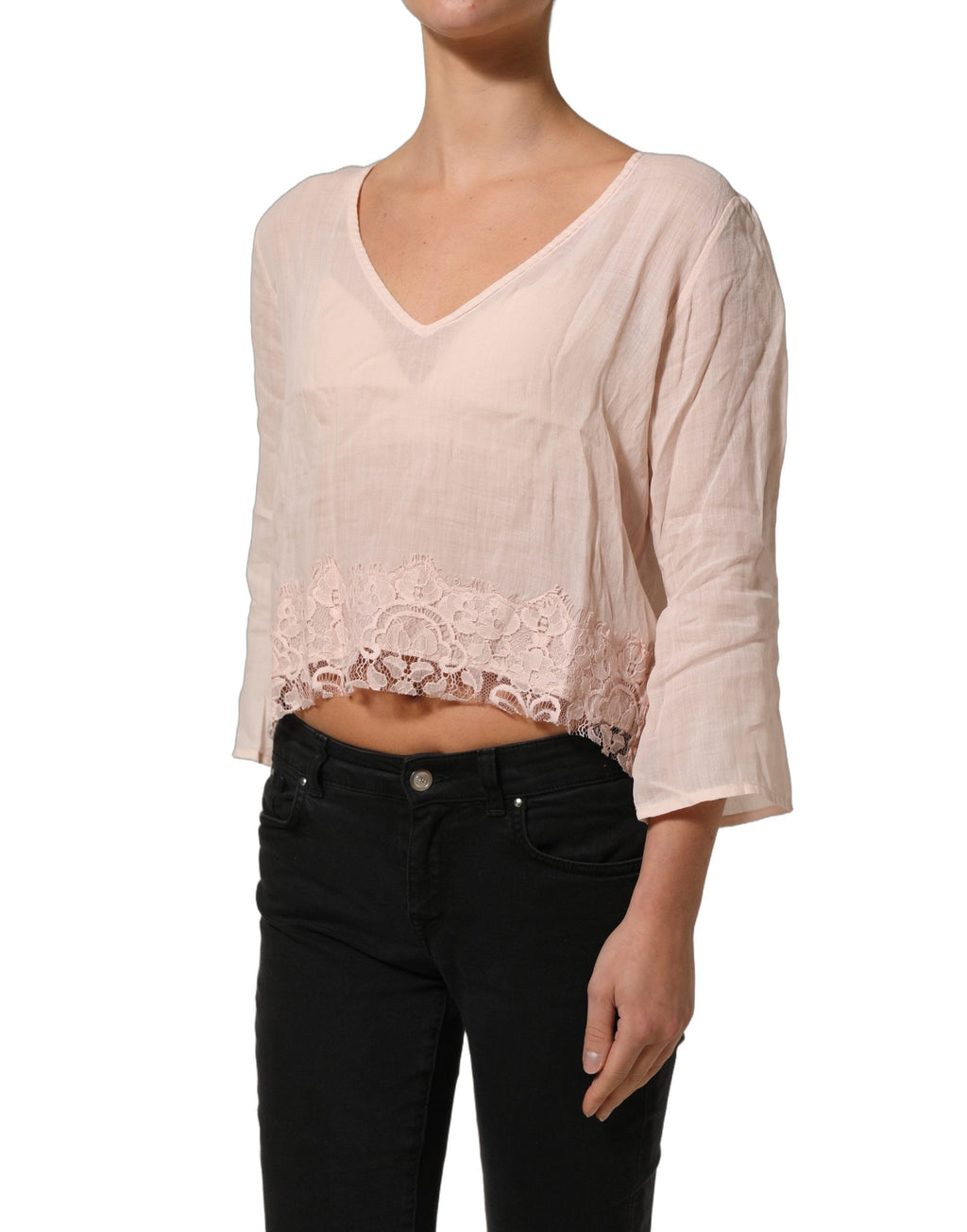 PINK MEMORIES Light Pink Linen V-Neck Long Sleeves Blouse Top