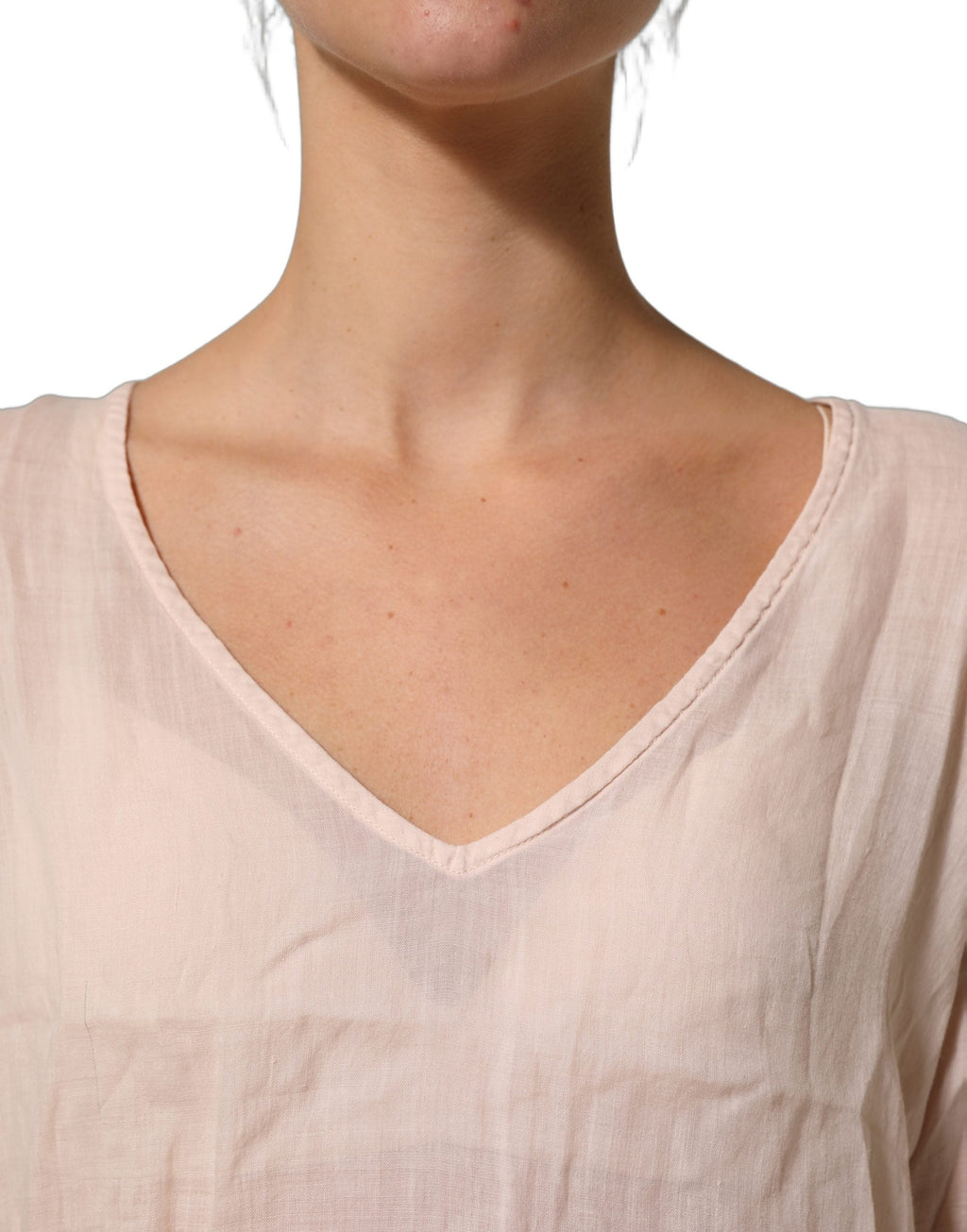 PINK MEMORIES Light Pink Linen V-Neck Long Sleeves Blouse Top