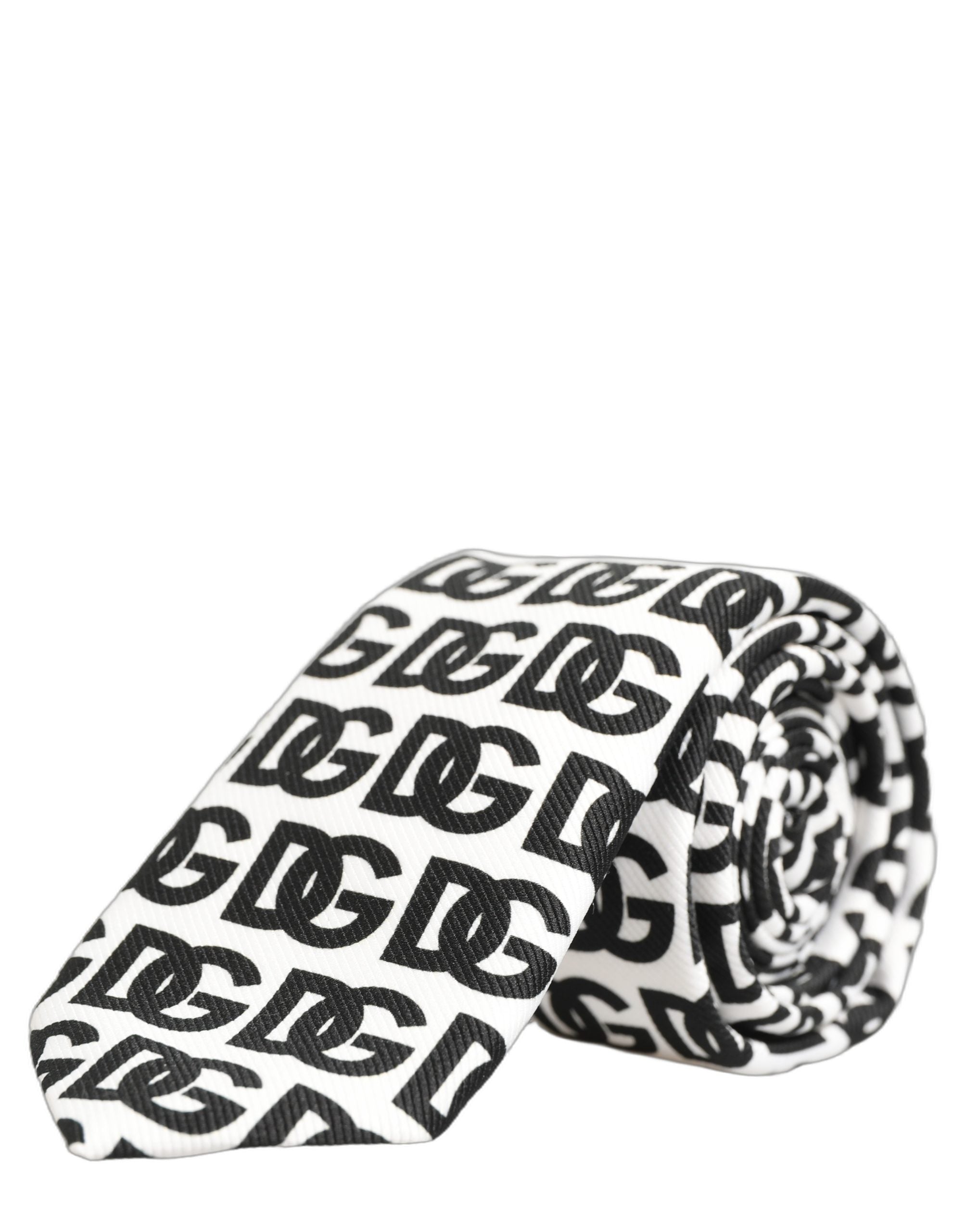 Dolce & Gabbana White Black Logo Monogram Wide Adjustable Men Necktie Tie