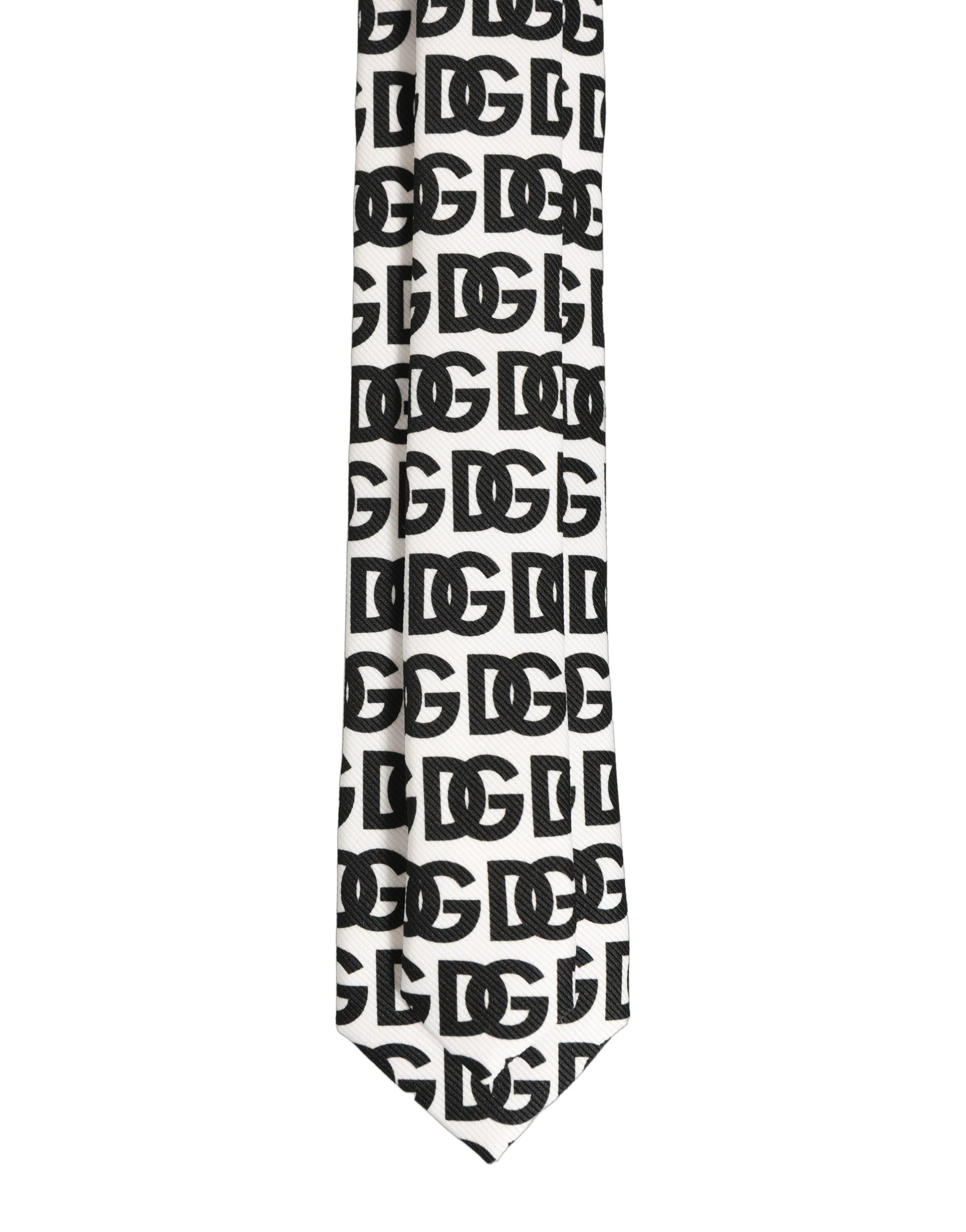 Dolce & Gabbana White Black Logo Monogram Wide Adjustable Men Necktie Tie