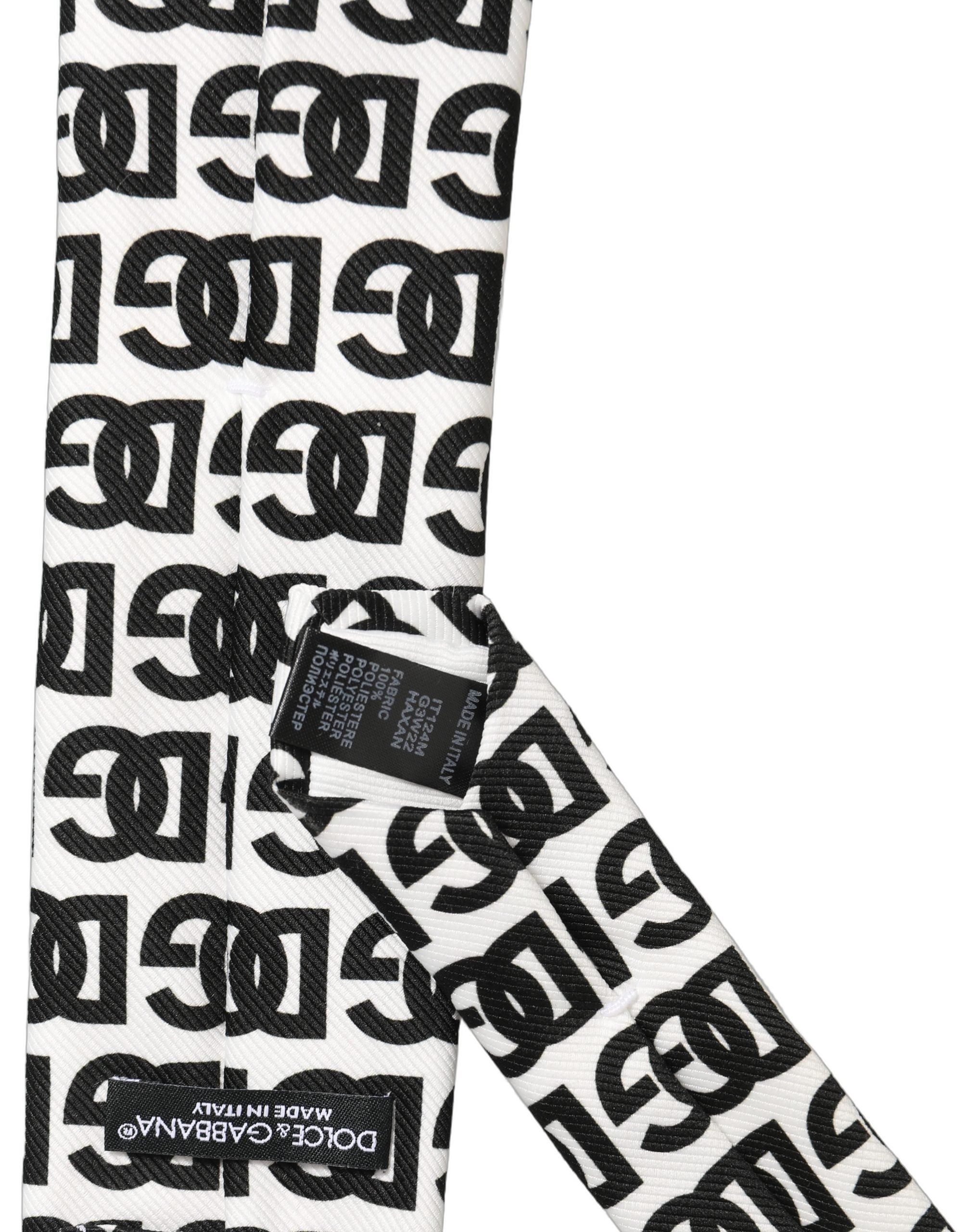 Dolce & Gabbana White Black Logo Monogram Wide Adjustable Men Necktie Tie