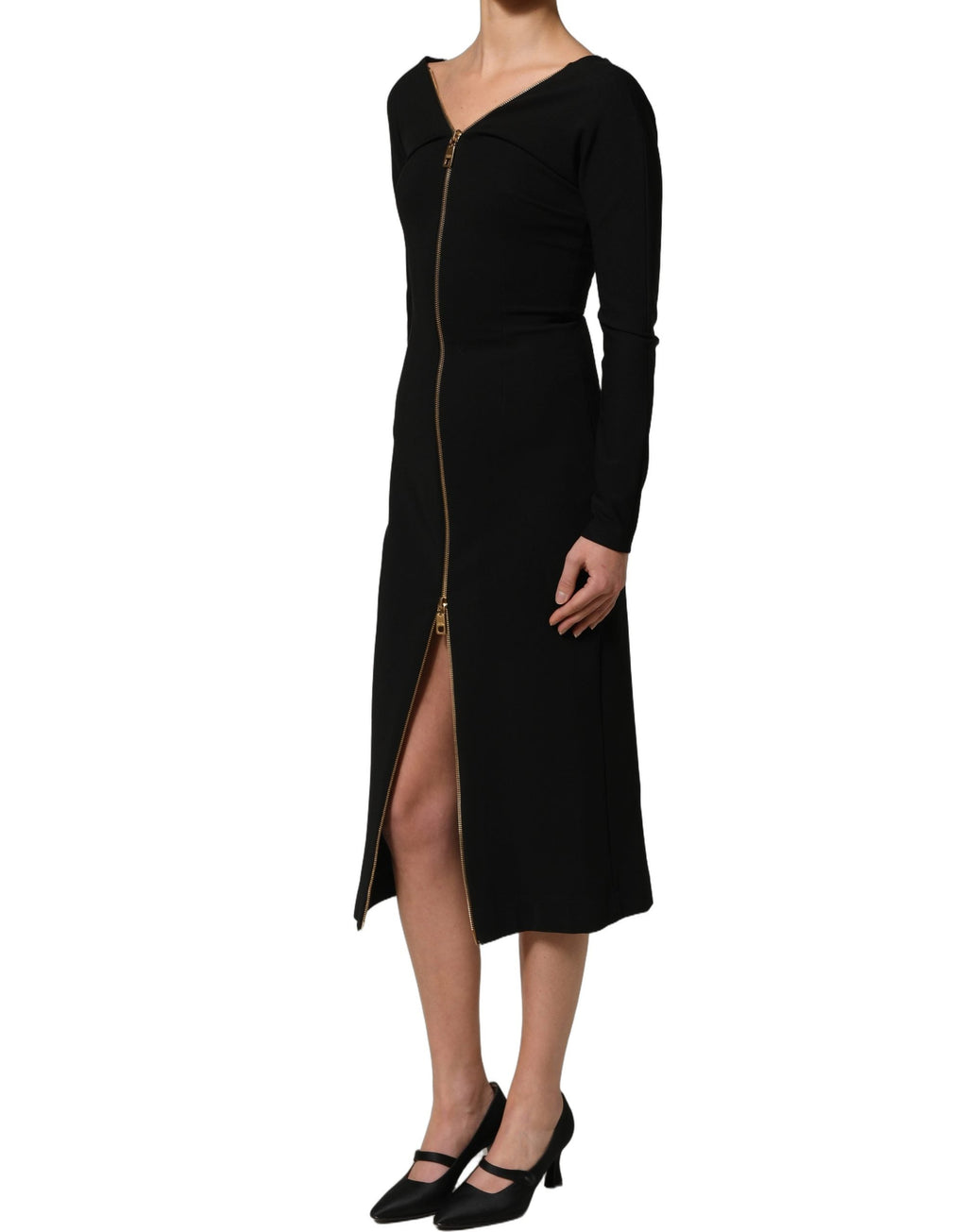 Dolce & Gabbana Black Long Sleeves Front Zipper Midi Dress