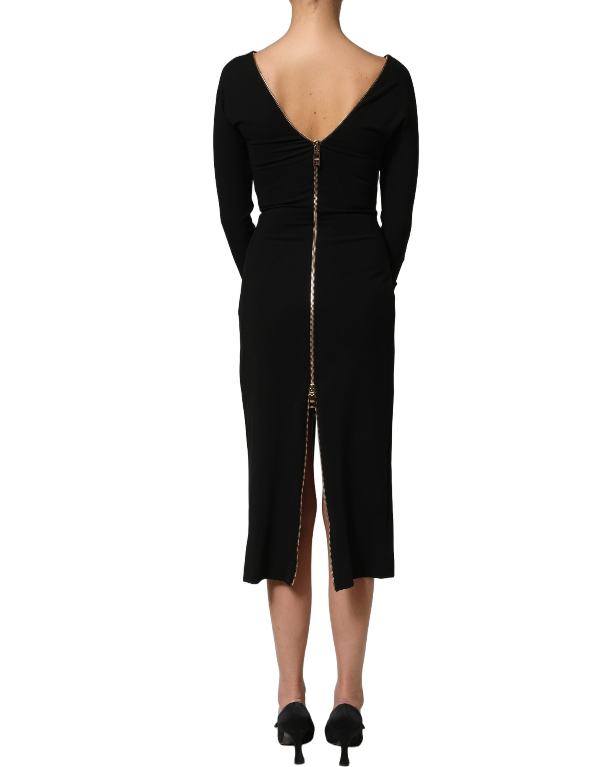 Dolce & Gabbana Black Long Sleeves Front Zipper Midi Dress
