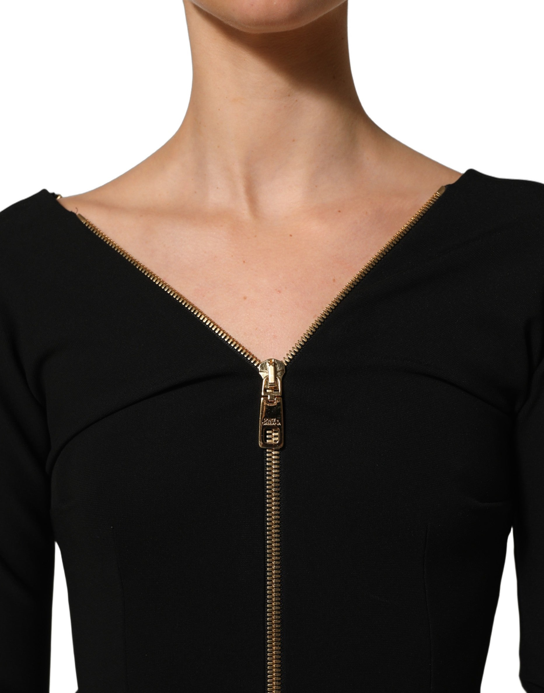 Dolce & Gabbana Black Long Sleeves Front Zipper Midi Dress