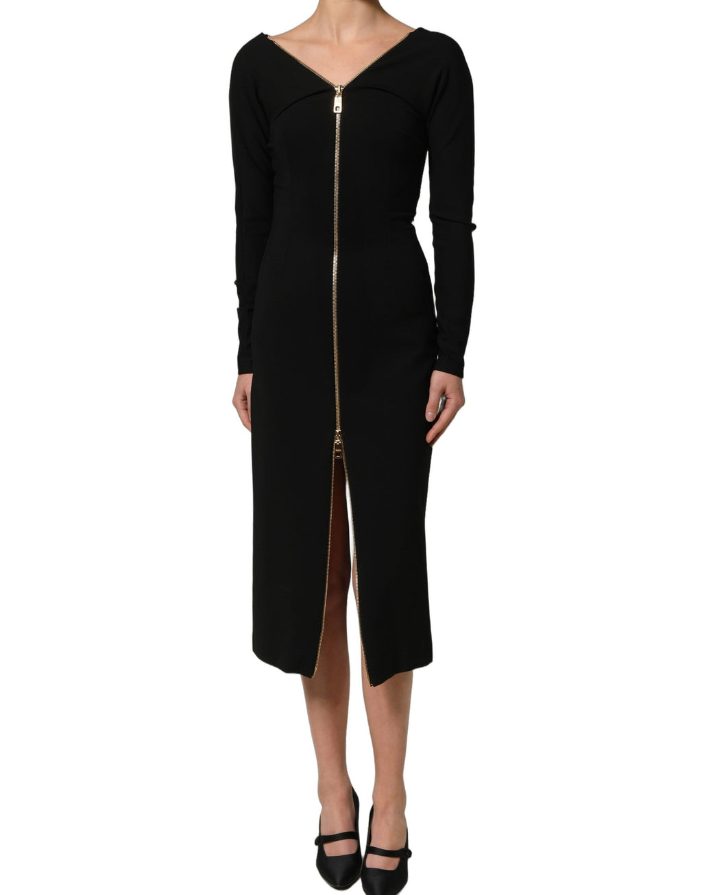 Dolce & Gabbana Black Long Sleeves Front Zipper Midi Dress