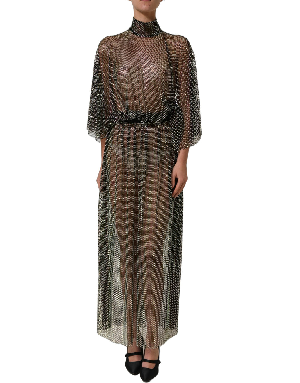 Dolce & Gabbana Black Rhinestone Mesh Turtleneck Maxi Dress