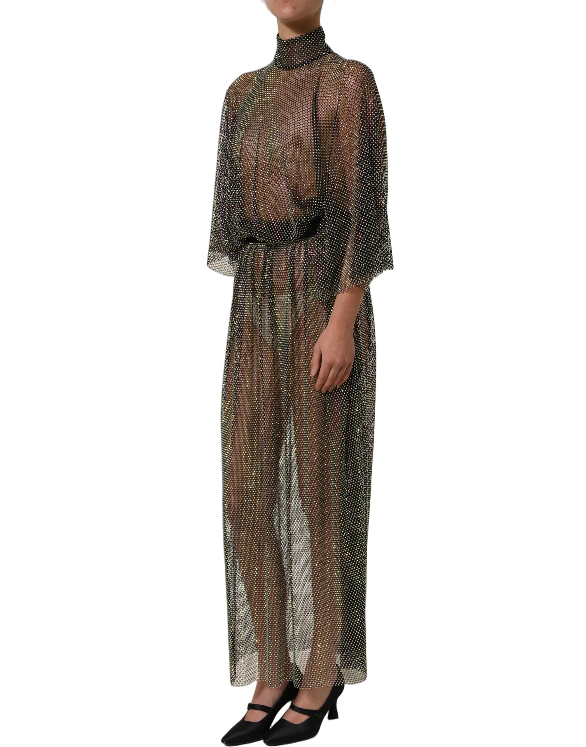 Dolce & Gabbana Black Rhinestone Mesh Turtleneck Maxi Dress