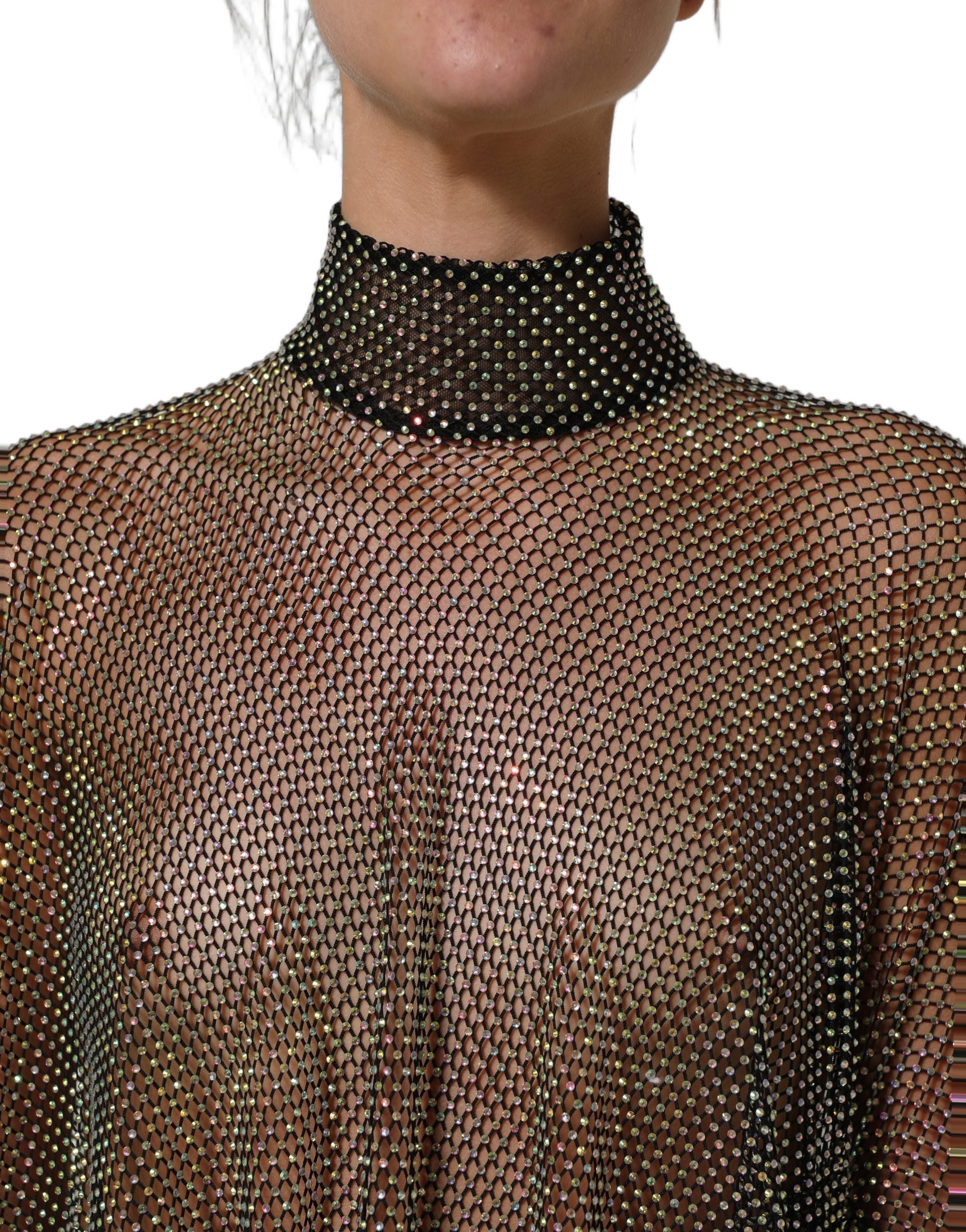 Dolce & Gabbana Black Rhinestone Mesh Turtleneck Maxi Dress